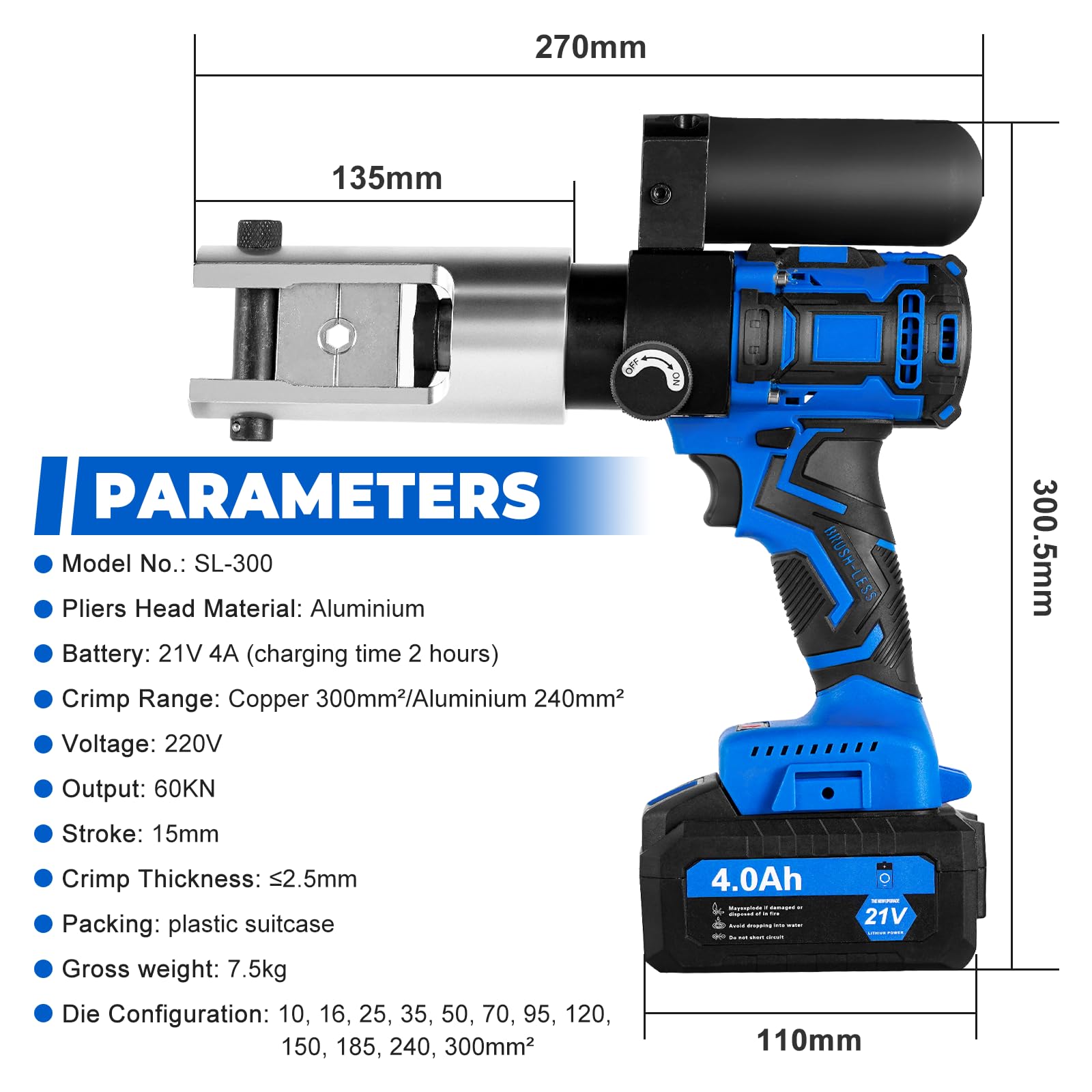 MXBAOHENG 60KN Pinza a crimpatrice idraulica ricaricabile 10-300 mm², 12 paia di matrici, Elettrica Pinze Idrauliche per Cavi Portatili Con 2 Batterie da 21 V 4 A per Capicorda In Rame e Alluminio
