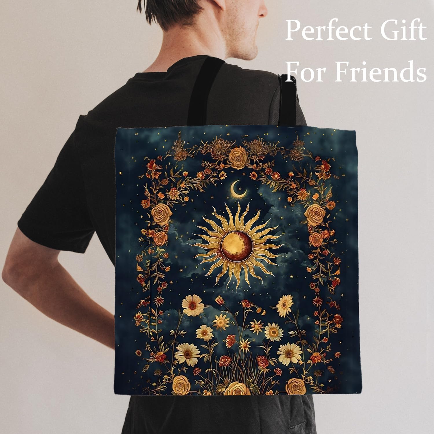 Gloomy Boho Sun Floral Tote Bag, Witchy Gothic Sun and Moon Night Canvas Tote Bags for Women, Mystical Celestial Boho Botanical Reusable Grocery Shopping Bags - Image 4