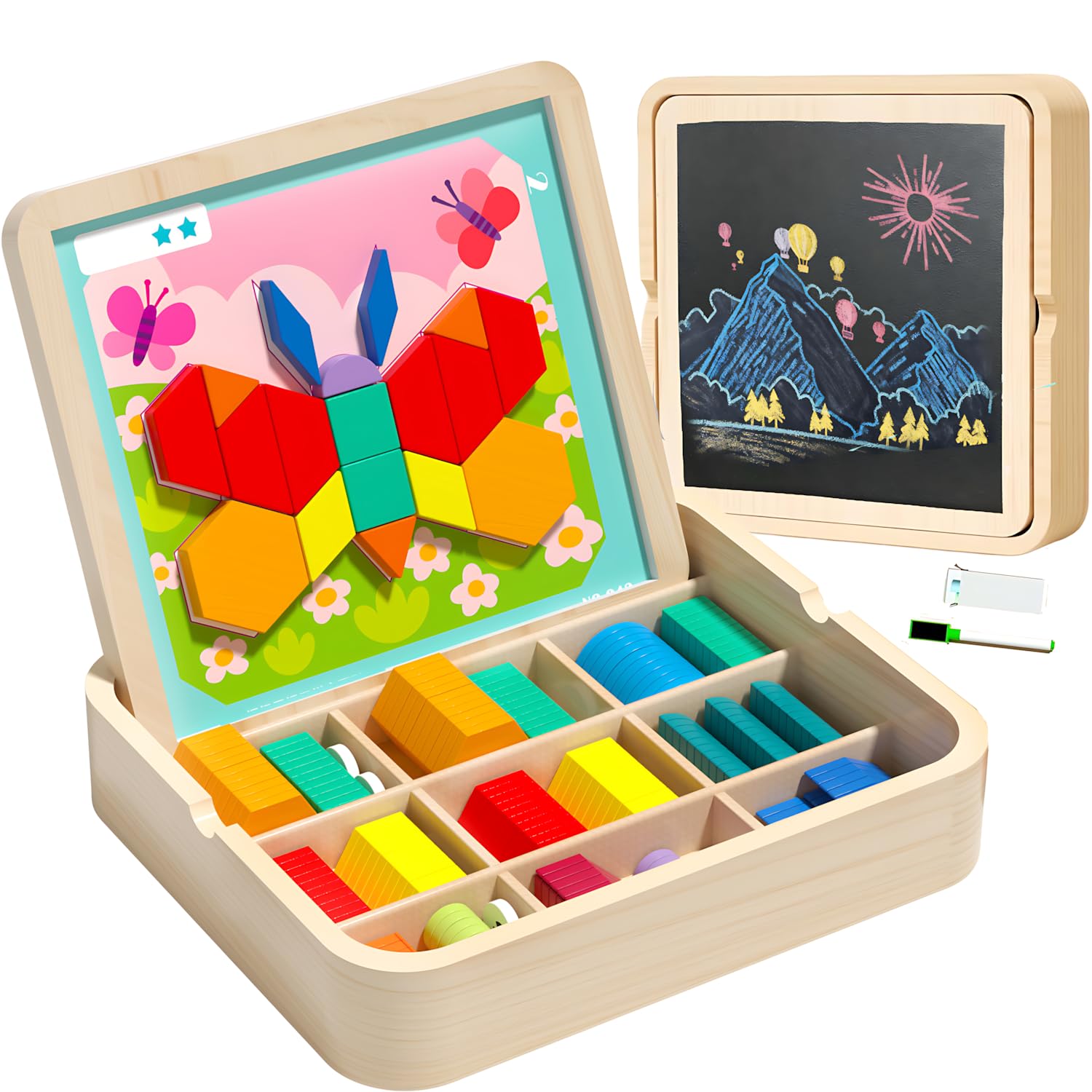 248-teiliges Holz-Magnetmusterblock-Set mit Karten, Stift und Aufbewahrungstasche, Montessori STEM Tangram Puzzle Spielzeug für Kleinkinder 4 5 6 7 8, pädagogisches Gehirn-Teaser-Geschenk für Jungen