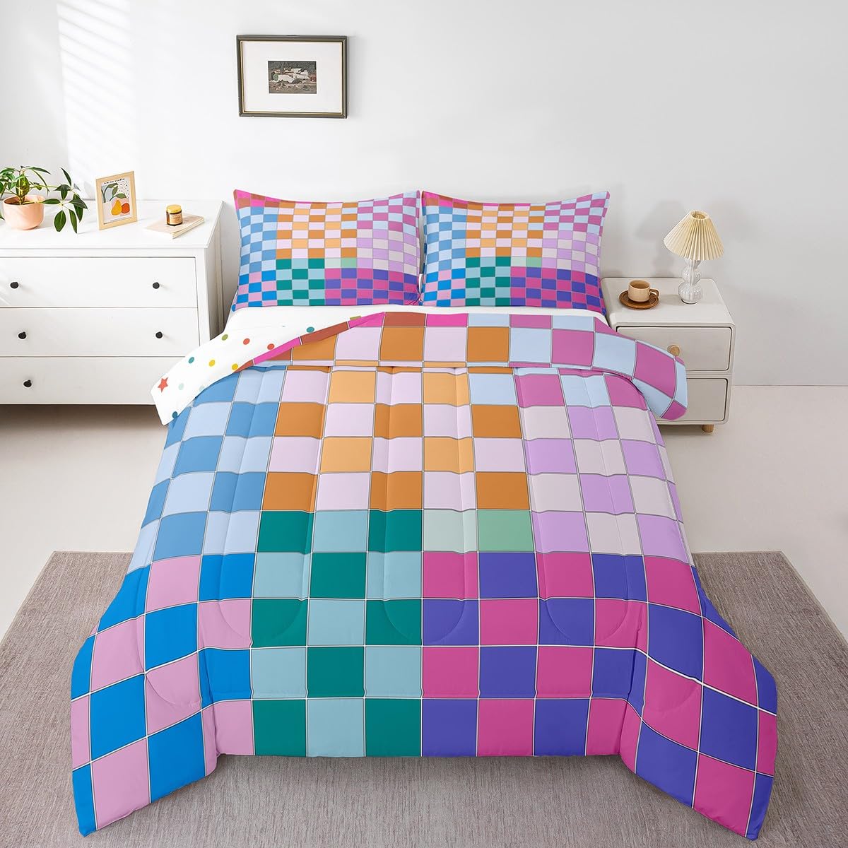 Erosebridal Colorful Checkered Comforter Set Twin Rainbow Checkerboard Grid Bedding Set Blue Pink Purple Ombre Plaid Quilt Set for Kids Boys Girls Women,Geometric Groovy Aesthetic Duvet Set