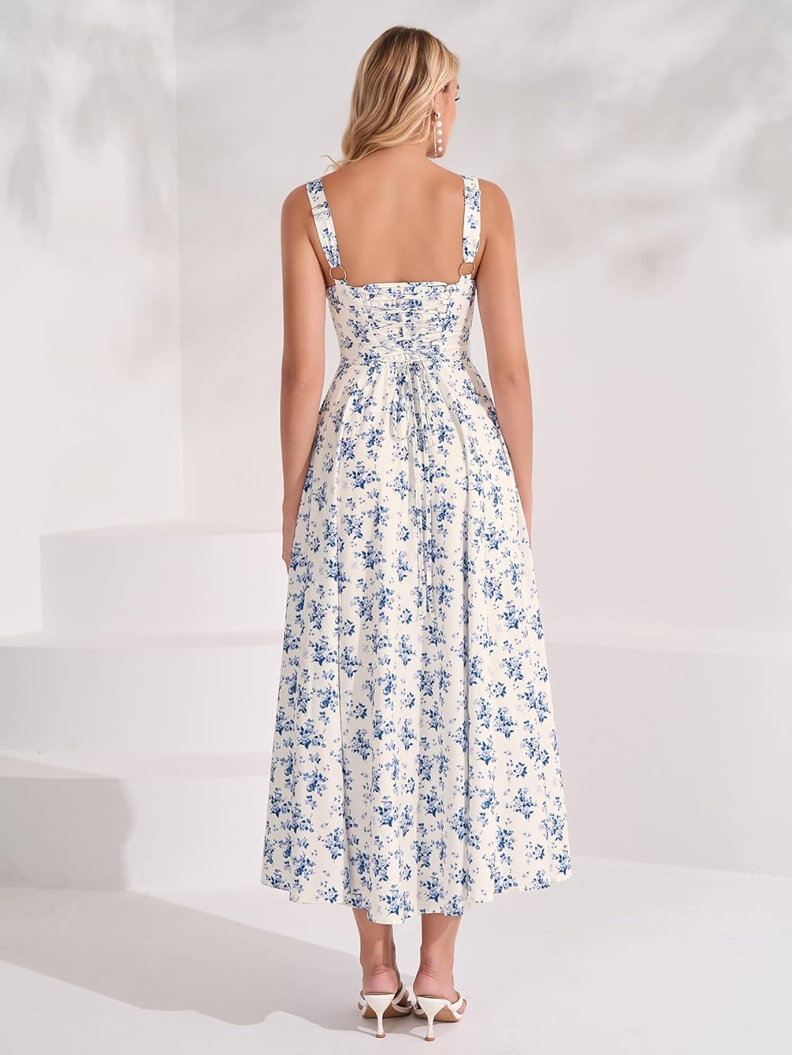 Floral Midi Dress Casual Lace Up Flowy A Line Square Neck Wedding Guest Summer Dress for Women 2026 - Image 3