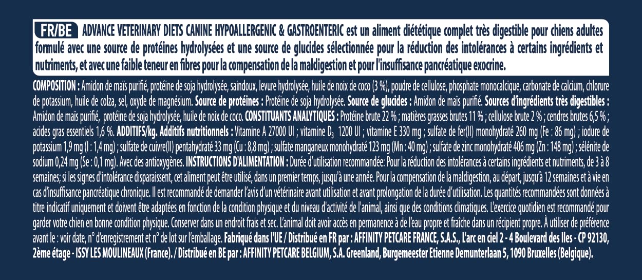 Advance Veterinary Diets Hypoallergenic - Croquettes pour Chiens pour Réduire les intolérances alimentaires - 10kg