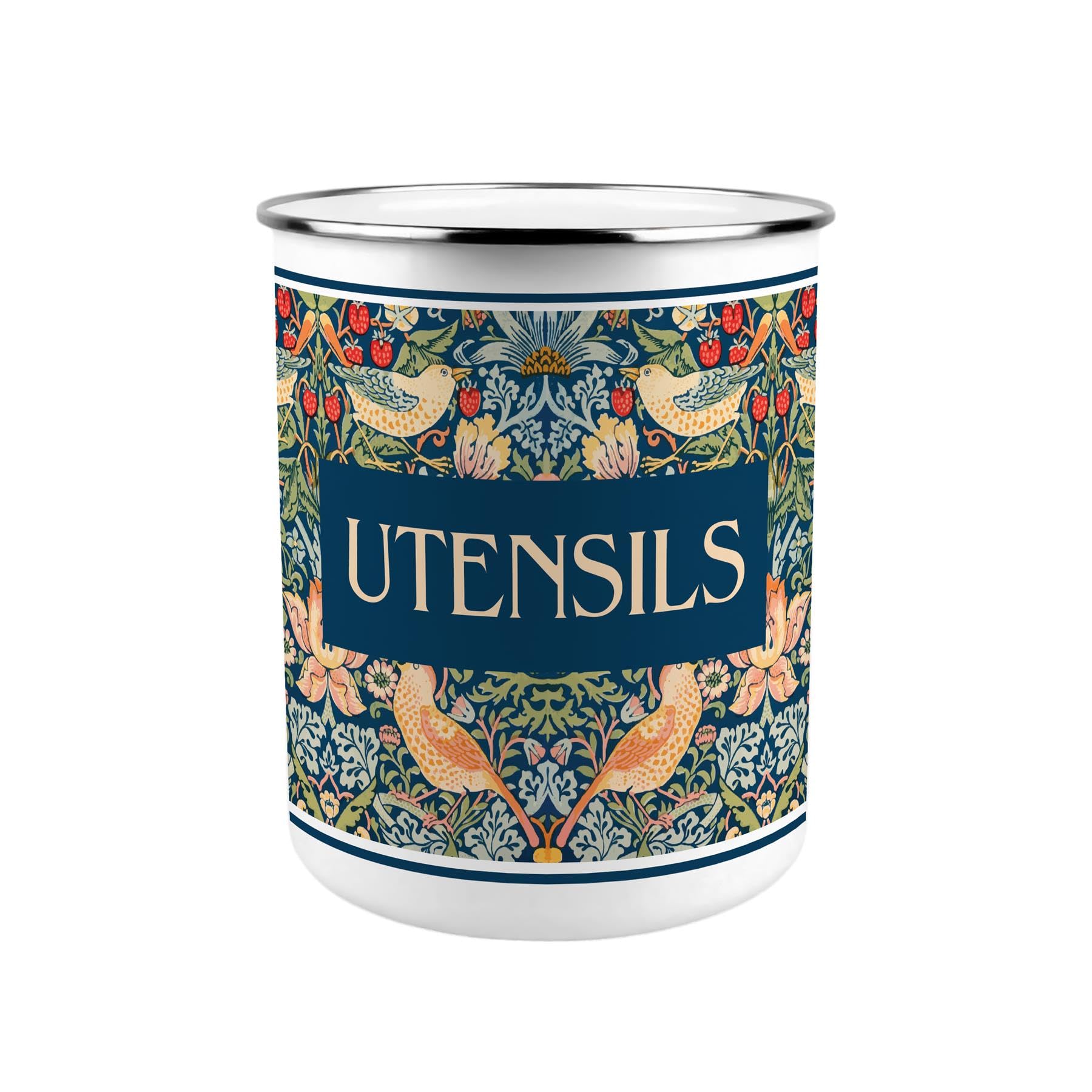 Purely Home Strawberry Thief Metal Utensil Holder - Blue XL Kitchen Utensil Pot/Organiser for Countertop Decor Gift 18x16.5cm