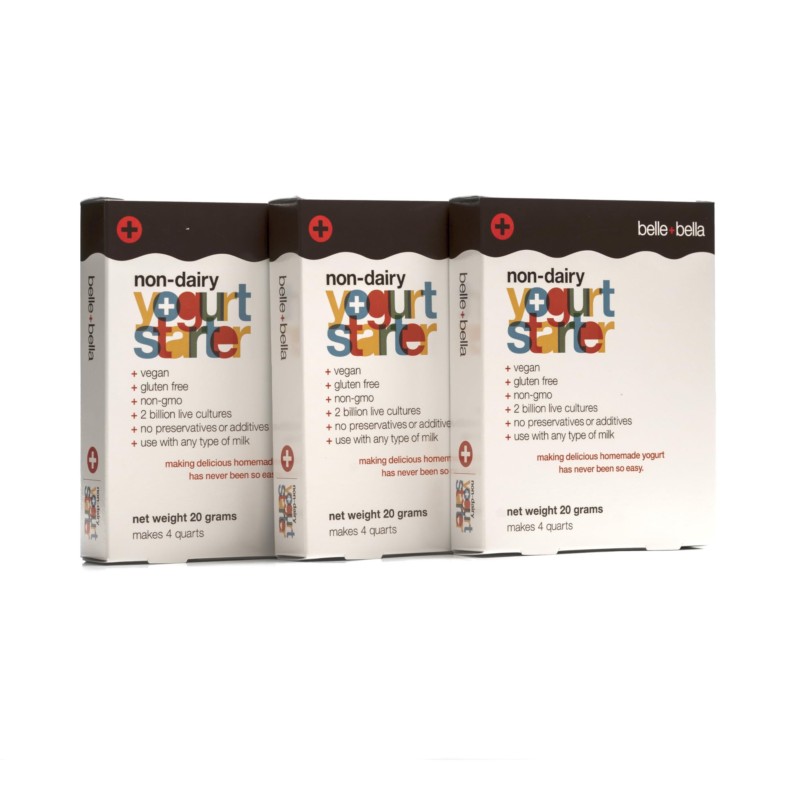 Belle + Bella Non-Dairy Vegan Yogurt Starter - Gluten Free, No Added Sugar, Non GMO - Makes 12 Quarts Vegan Yogurt - 2 Billion Live Cultures - Mix with Any Dairy Free or Dairy Milk - 3 Boxes