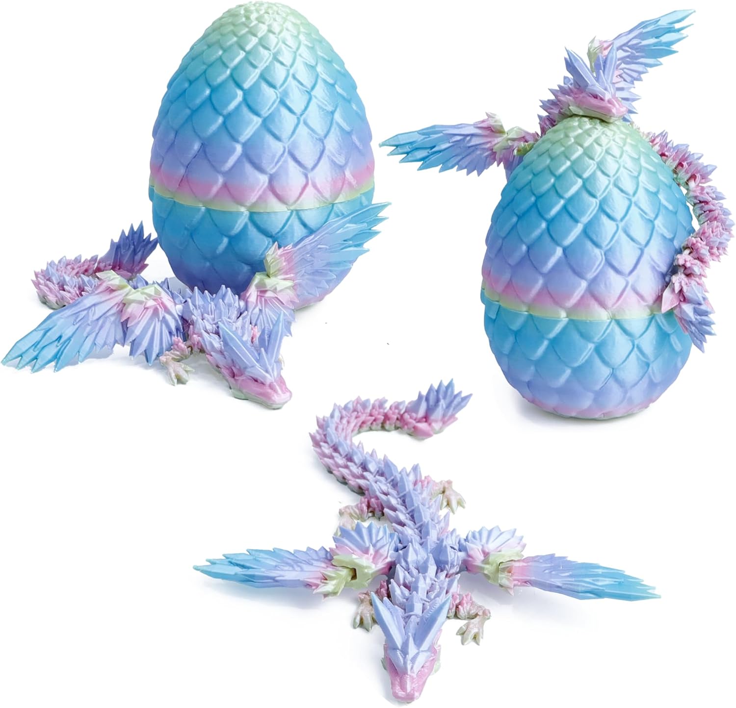 3D Printed Flying Dragon in Egg - Tricolor Egg with 9" Flexible Winged Dragon Inside, Colorful Fidget Toy, Birthday Gift, Desk Pet Figure (Mini Rainbow)