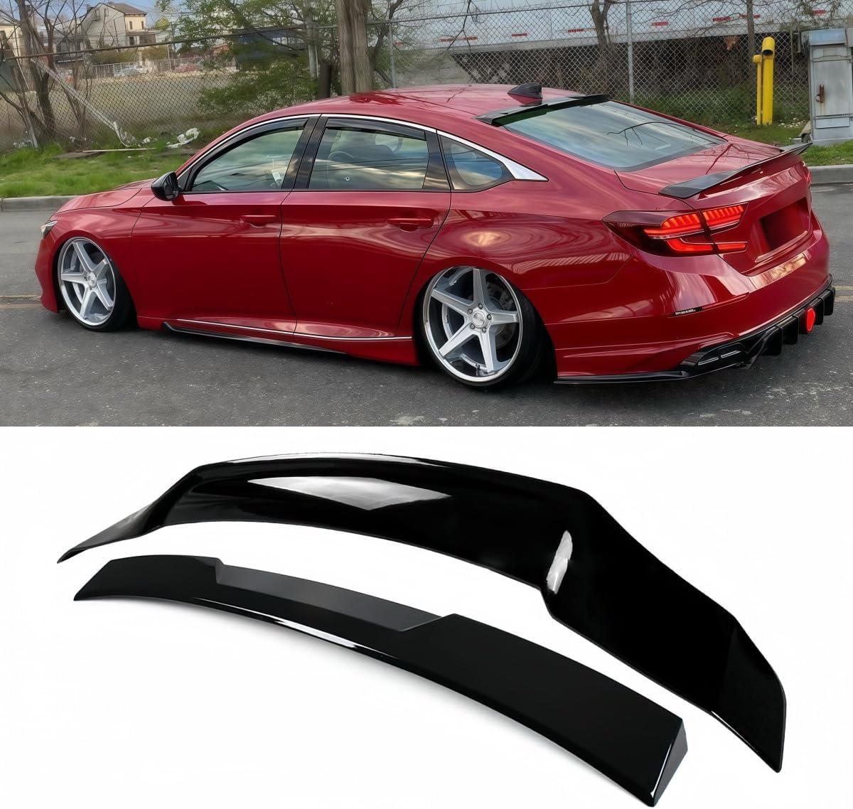 Rear & Roof Spoiler Compatible with Honda Accord 2018-2022, R Style Duckbill High Kick Trunk Wing Lip & Roof Wing (Glossy Black)