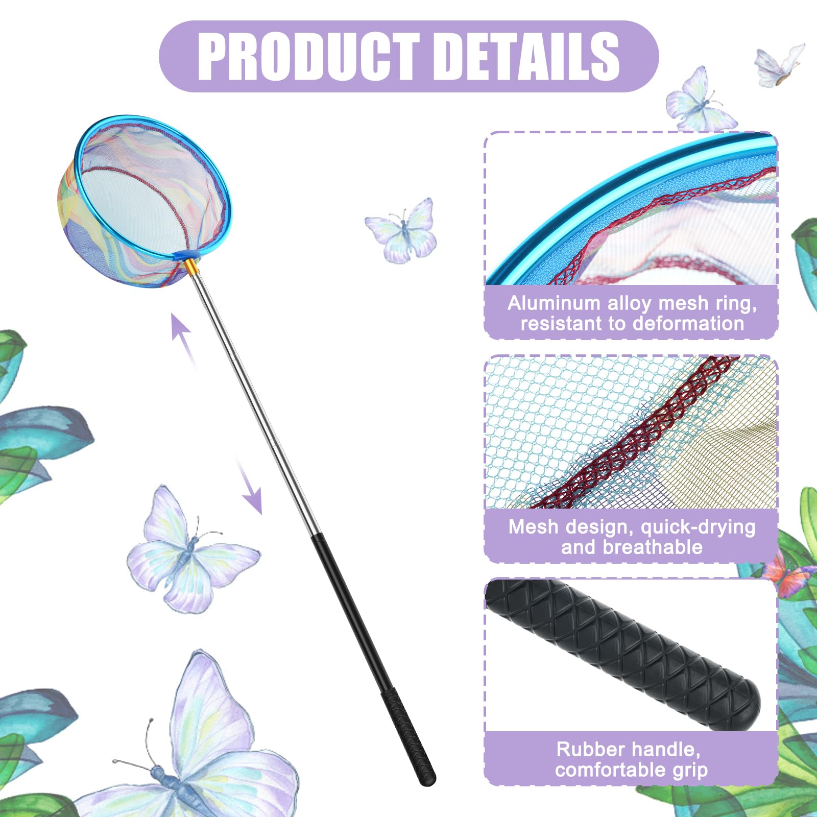 Draupnir 2 Pieza Red Pescar Telescópica, Cazamariposas, Extensible de 66 cm a 173 cm, Red de Captura Pequeña para Atrapar Insectos, Pájaros, Pesca, Estanque, Jardín, Playa