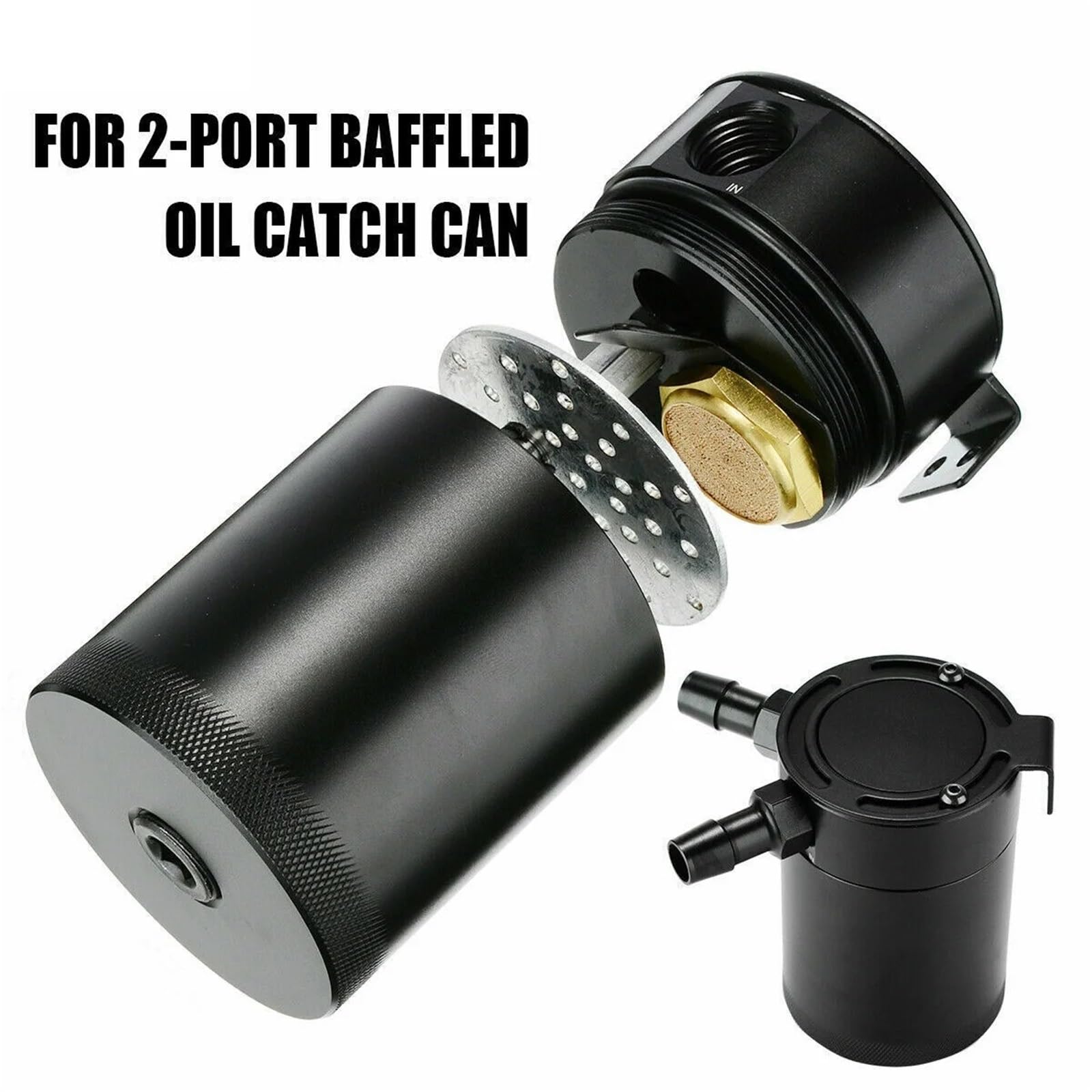 Uniwersalny zbiornik na olej 3/8" NPT z 2 portami i przegrodą do benzyny, oleju napędowego i turbosprężarki Crank Case Oil Breather Separator(Black)