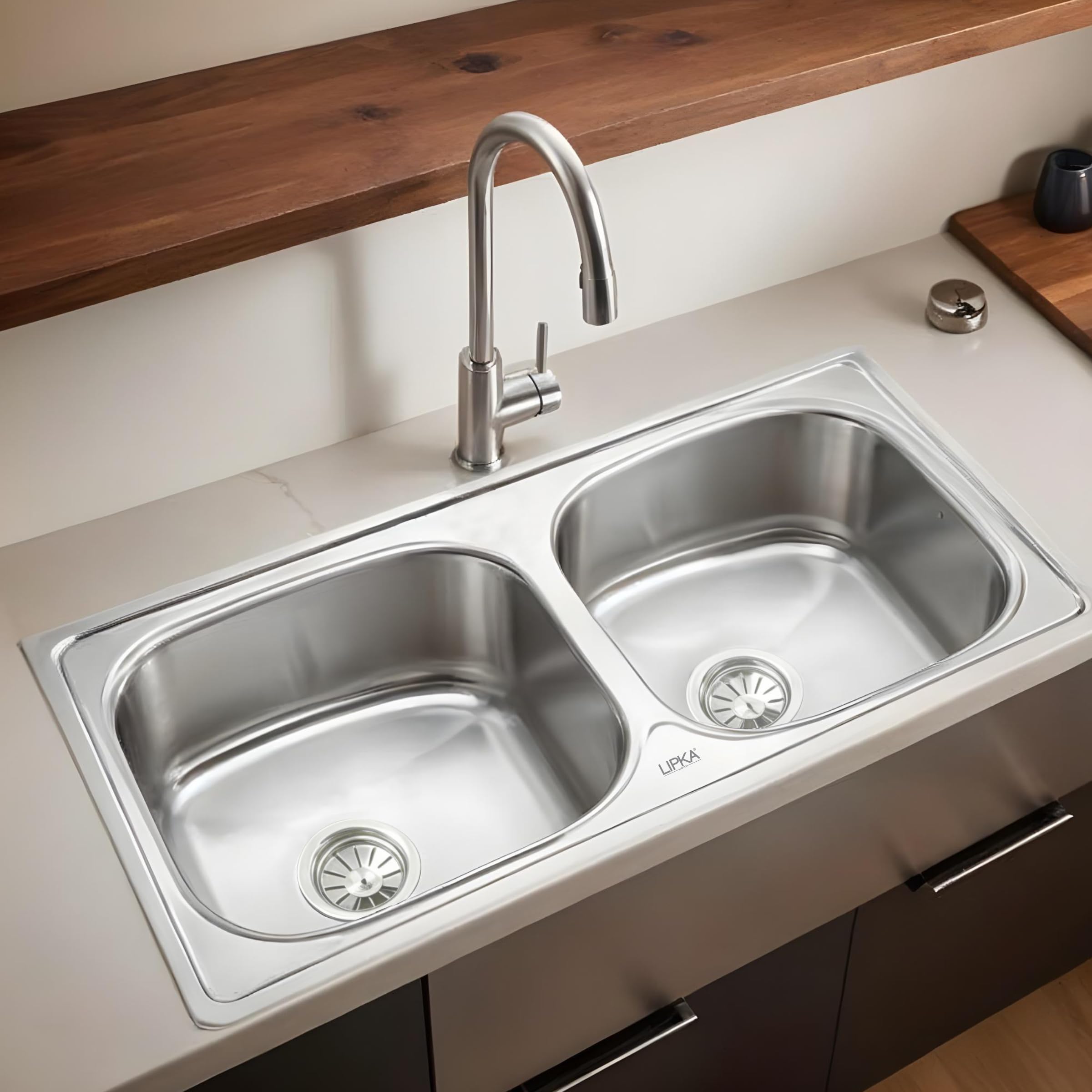 LIPKA Round Double Bowl 37 x 18 x 8 inches Kitchen Sink | Premium Stainless Steel Square Double Bowl Kitchen Sink | with Glossy Finish | Including Sink Coupling/Double Bowl Connector and Waste Pipe-image-10