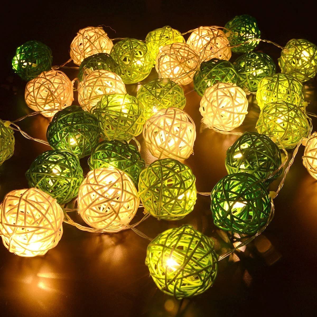 HULX Rattan Ball String Lights, 3M 20LED Indoor/Outdoor, Warm+Green, LED, Traditional Style, Battery Operated, Waterproof, String Lights