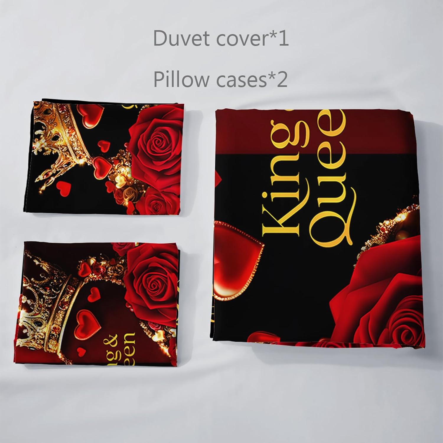 AILONEN Red and Black Rose Duvet Cover Set King Size,Glod Crown Couple,Romantic Flower Quilt Cover with 2 Pillowcases,3Pcs