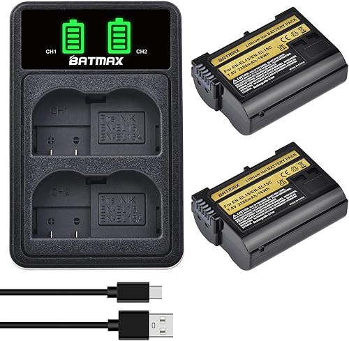 Batmax 2X 2280mAh EN-EL15C EN-EL15 EN-EL15A EL15b + cargador USB LED con puerto tipo C para Nikon Z5, Z6, Z6 II, Z7, Z7II, D780, D850, D7500, D500,