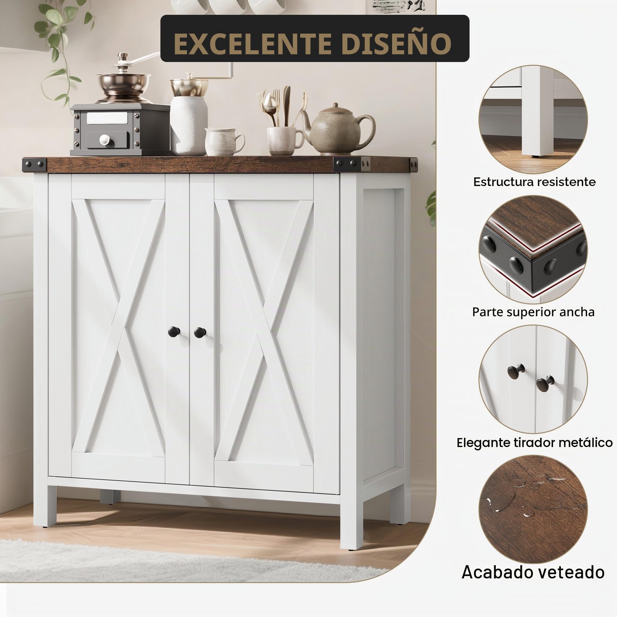 Aparador de Madera Maciza - Armario de 2 Niveles con Puerta - Tablero de 3 cm de Grosor - para Comedor, Salón, Recibidor - 76×40×80 cm - Marrón y Blanco