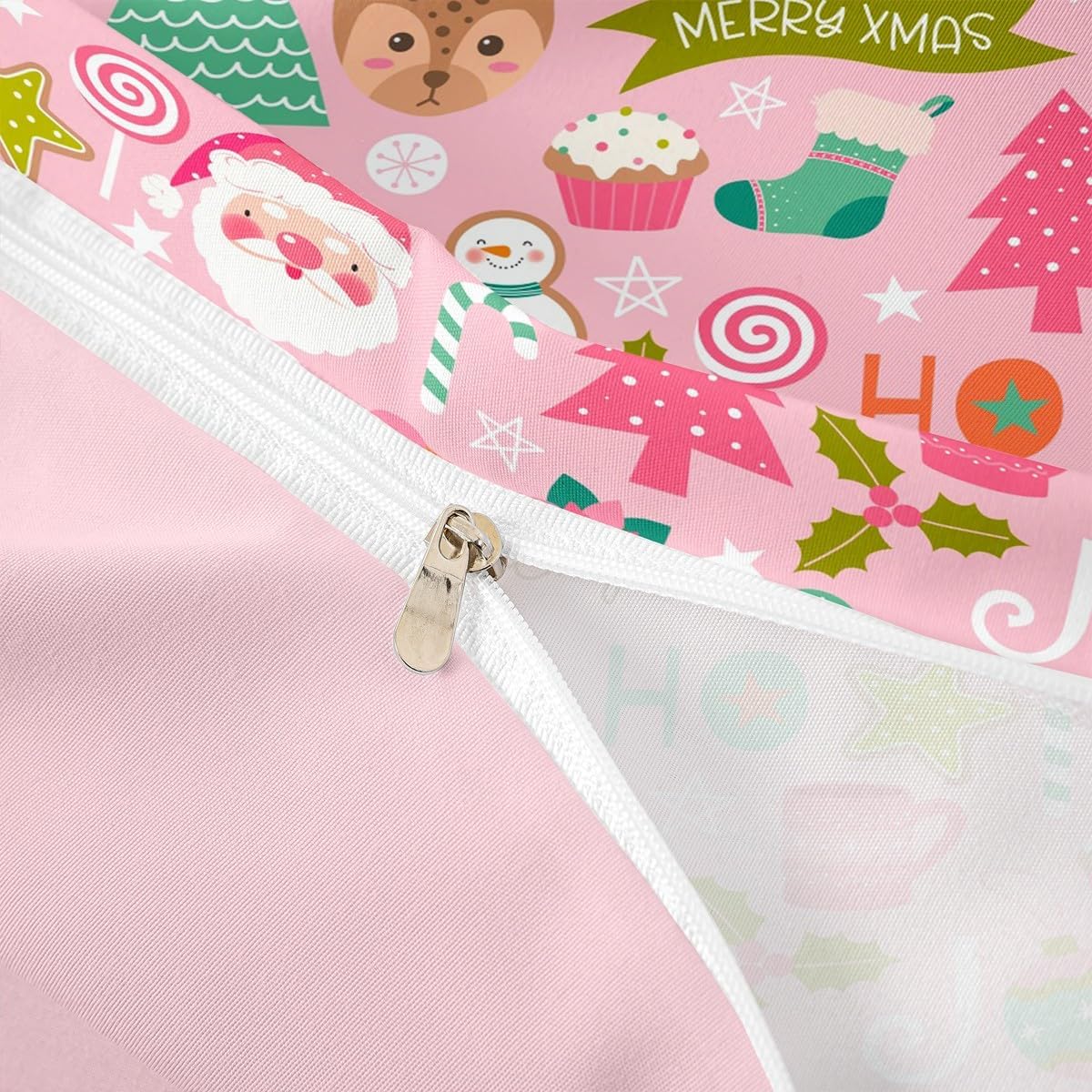 Erosebridal Pink Christmas Duvet Cover, Cartoon Santa Claus Bedding Set Full Size for Kids Boys Girls Women, Snowman Pine Comforter Cover Christmas Tree Cute Deer Quilt Cover Xmas Decor,2 Pillowcases