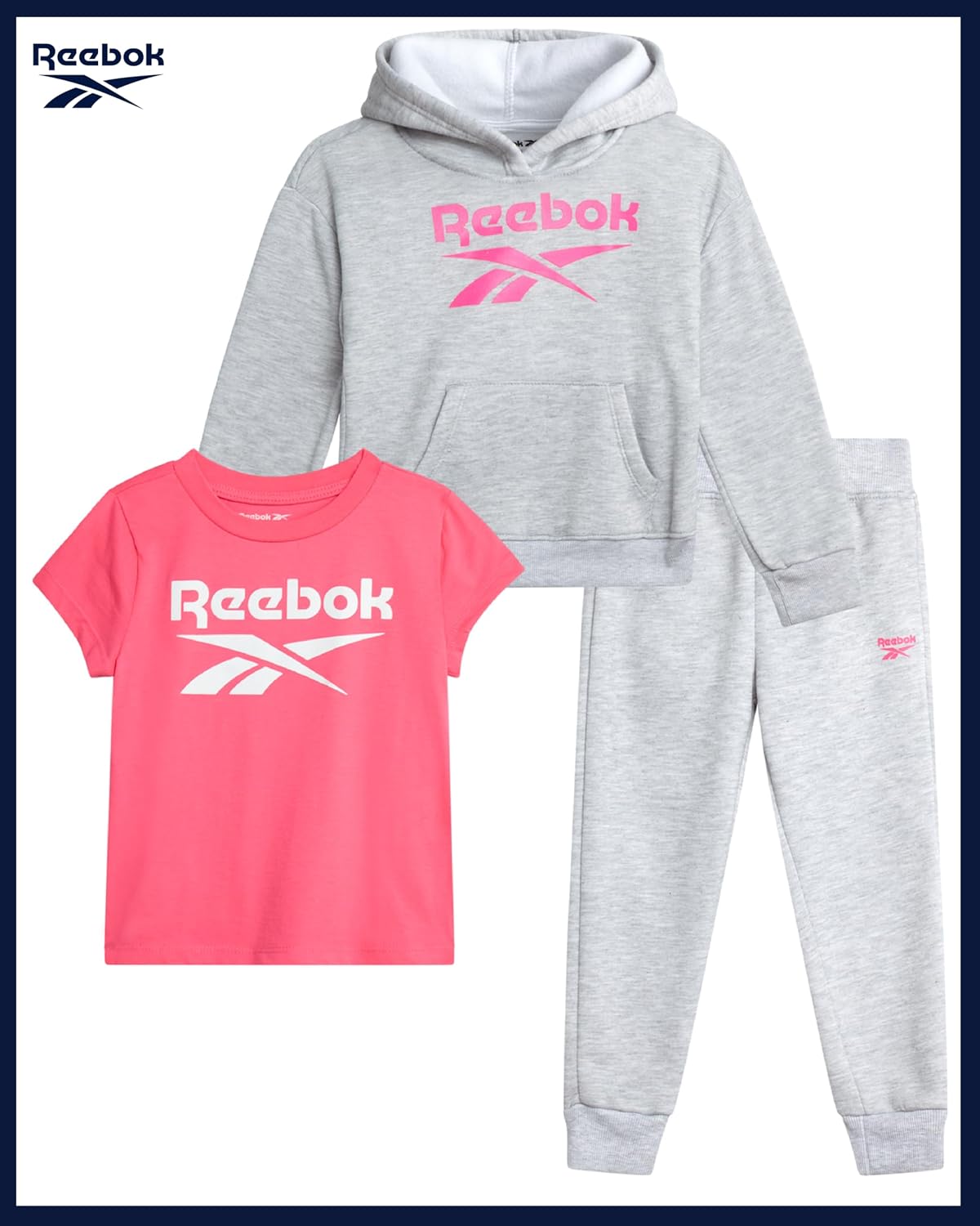 Reebok Toddler Girls Pants Set - 3 Piece Athletic Fleece Pullover Hoodie Sweatshirt, T-Shirt & Joggers Baby Girls Sweatsuit