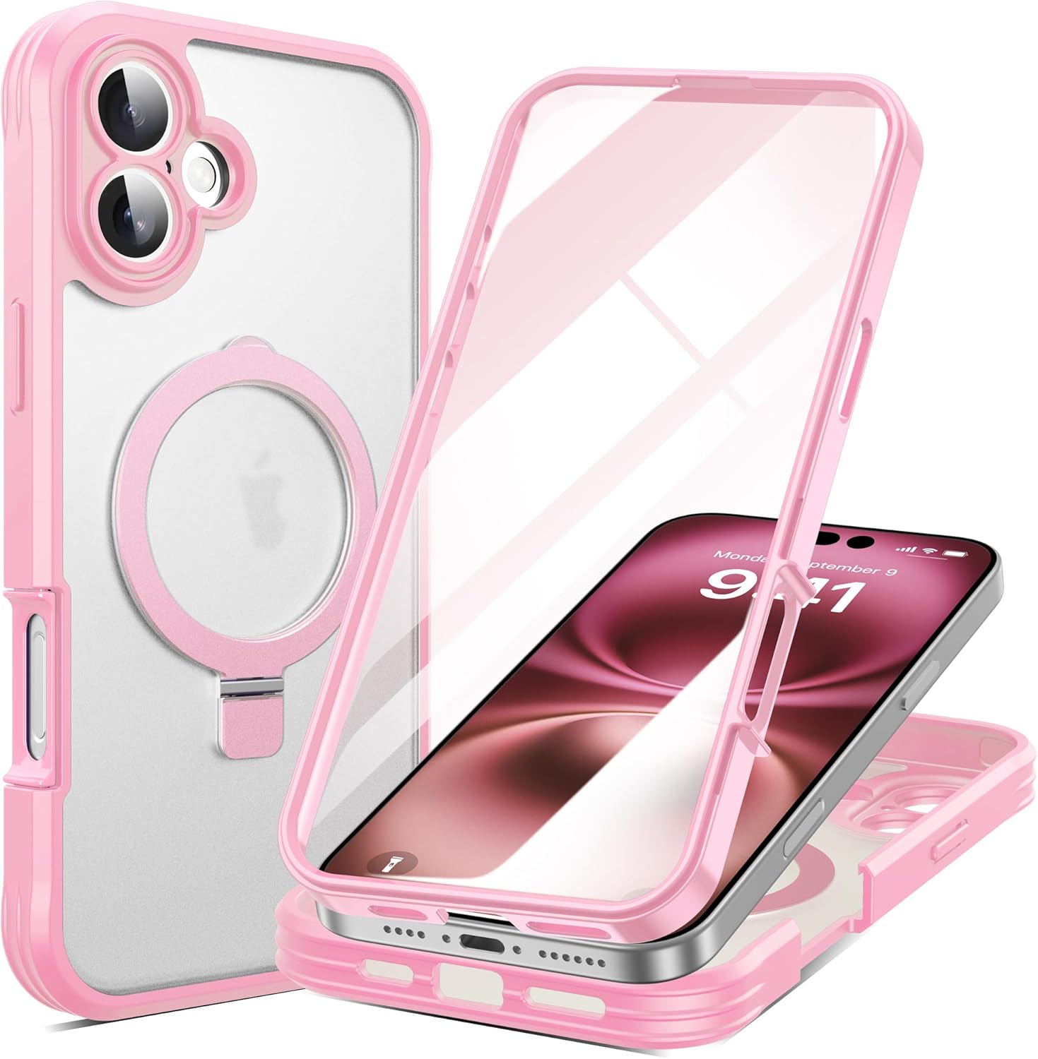 for iPhone 16 Plus Case with Invisible Magnetic Stand, Compatible with Mag-Safe Translucent Matte with Built-in Screen Protector, Shockproof Protective Phone Case for Women Men, Pink