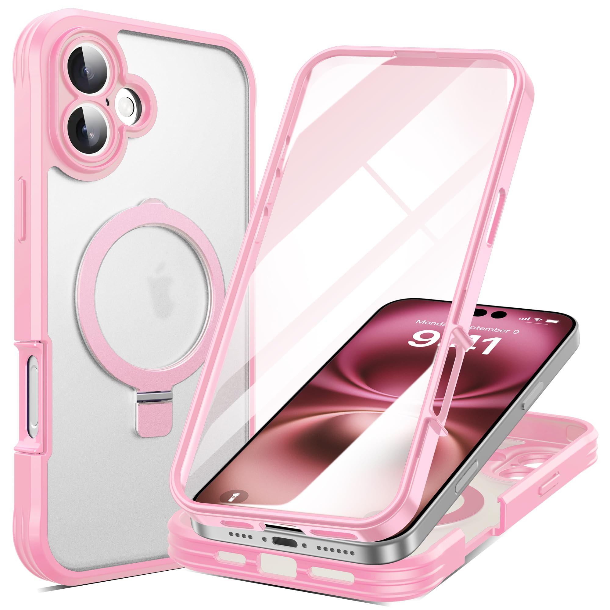 RIASOLIN for iPhone 16 Case with Invisible Magnetic Stand, Compatible with Mag-Safe Translucent Matte with Built-in Screen Protector, Shockproof