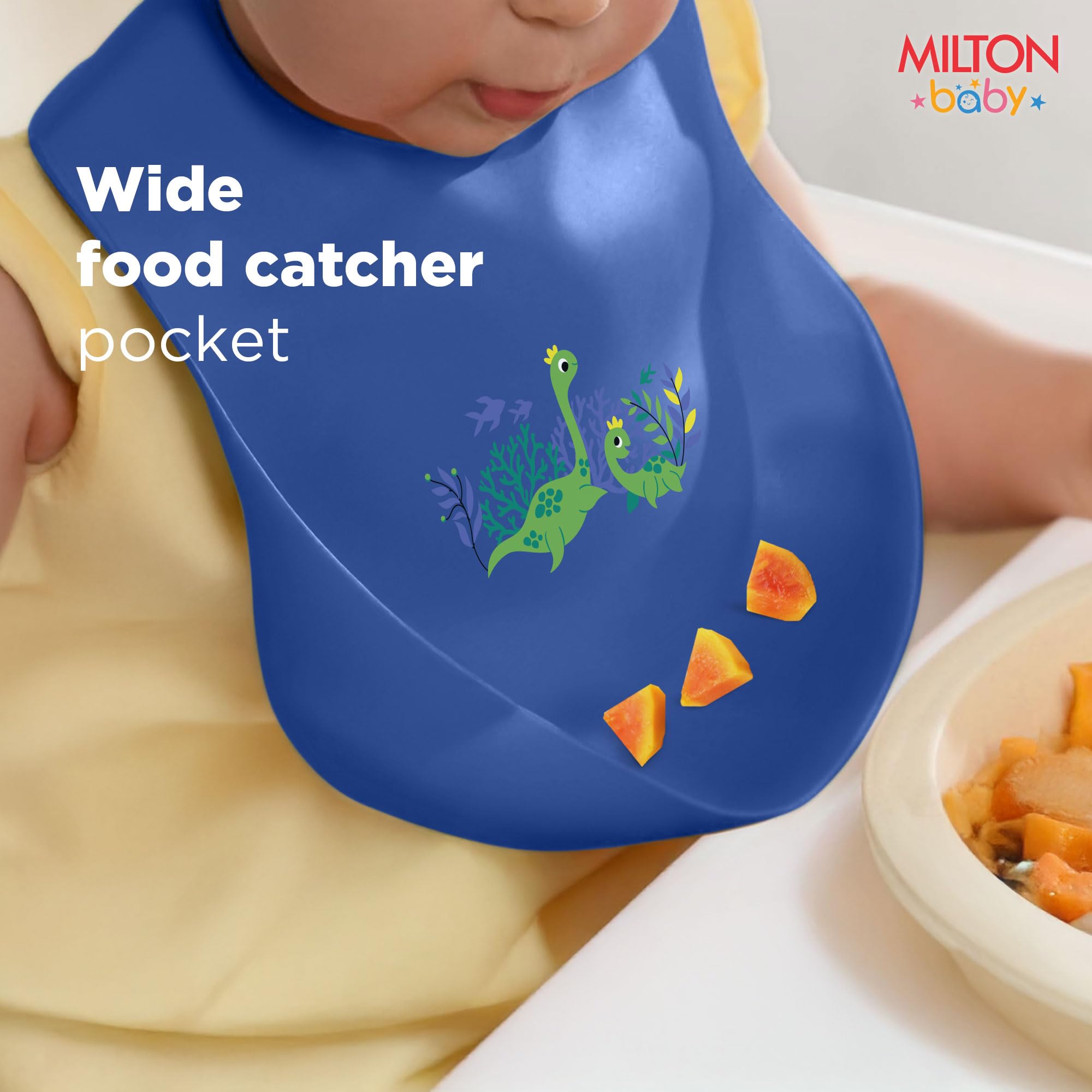 Milton baby Silicone Bib Dino Print I Spill Resistant Apron I Water Proof I Easy To Clean I Deep Food Catcher I Adjustable For Growing Babies I Soft Comfortable Material, No Mess Feeding, Navy Blue 4