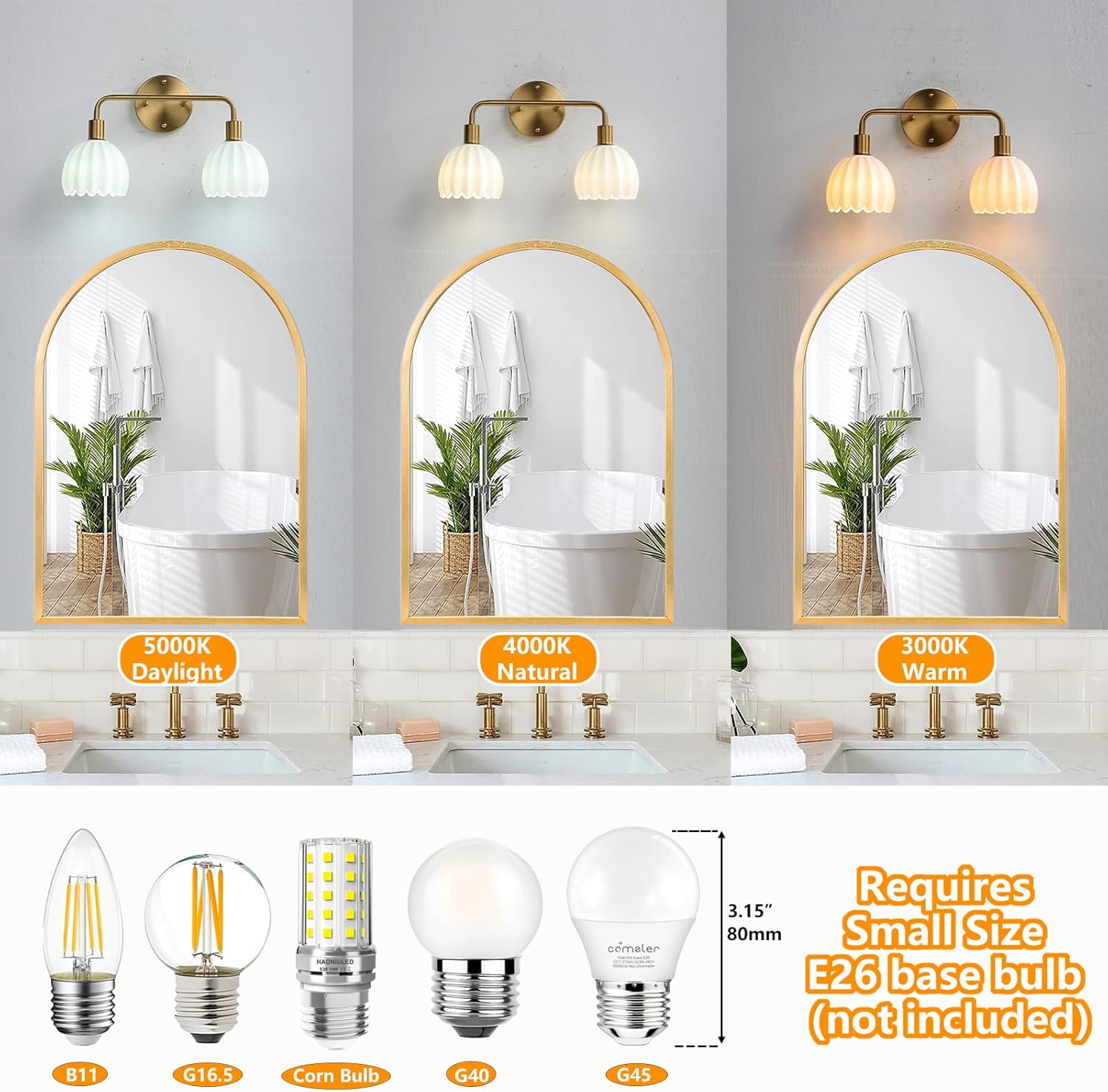 2-Light Gold Brass Bathroom Light Fixture,Wall Sconces,Brushed Gold Vanlity Light Over Mirror,Bathroom Vanity Light with Milk White Glass Flower Shade,E26 Socket(Bulbs Not Included)