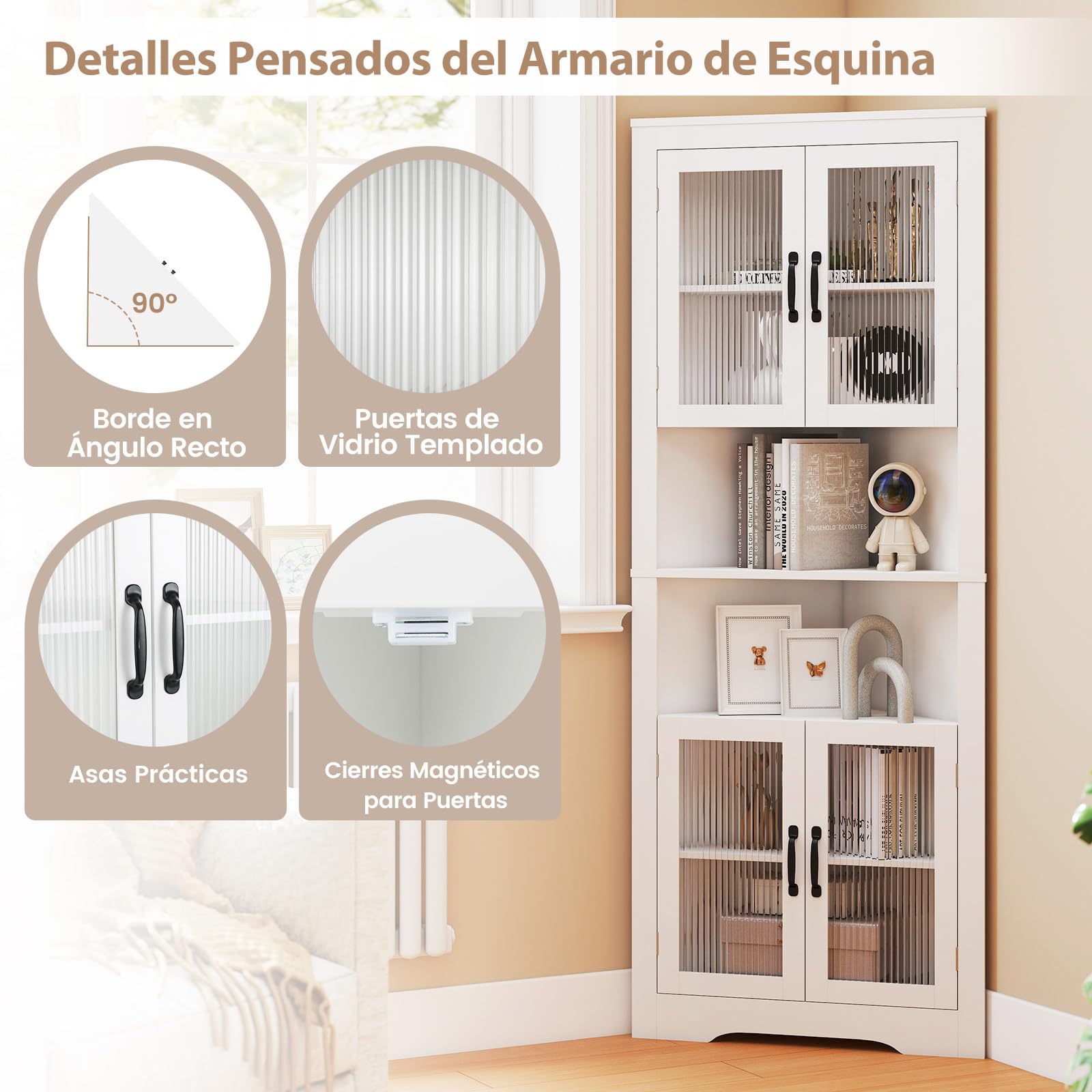 COSTWAY Armario Esquinero Alto de Baño, Mueble de Baño Triangular con 4 Puertas de Vidrio Templado, Estantes Ajustables, Gran Armario Despensa Independiente para Cocina Comedor (Blanco)