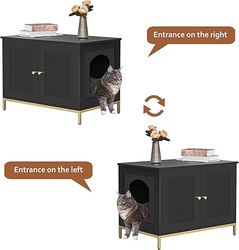 Homhedy Cat Litter Box Enclosure, Cat Washroom Furniture with Metal Frame, Pet House, Fit Most of Litter Box, Modern Style, Green and Gold(Black,28.3"L x 17.7"W x 21.7"H)