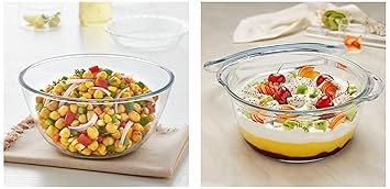 Borosil Glass Casserole Deep Round - Oven And Microwave Safe Serving Bowl With Glass Lid, 2.5L & Borosil Glass Mixing & Serving Bowl, Microwave Safe Bowl, 3.5 L, Borosilicate Glass, Clear