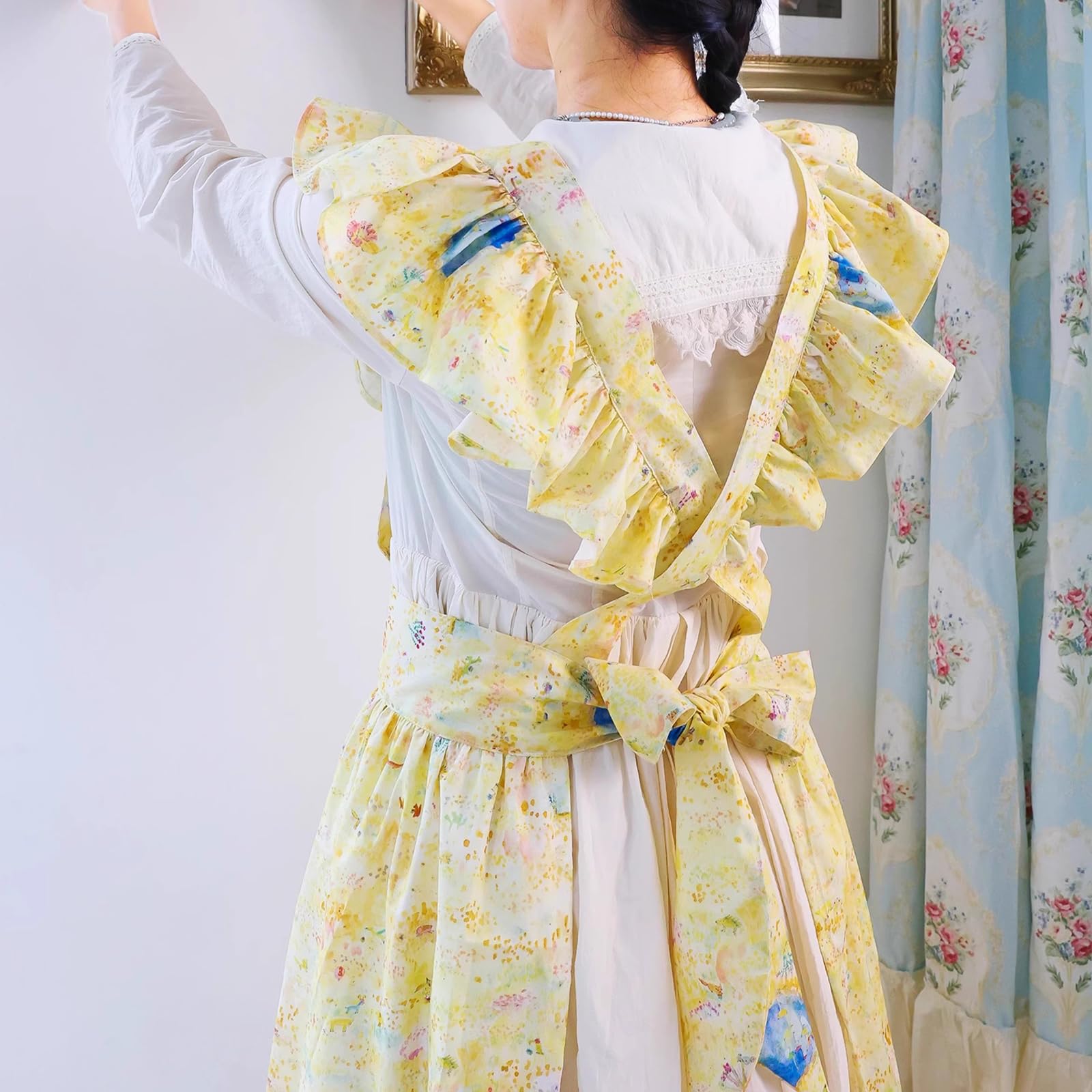 Damski Fartuch Kuchenny, Bawełniany Lniany Fartuch Dla Kobiet, Frilly Vintage Fartuszek RegulowanyYellow,One Size