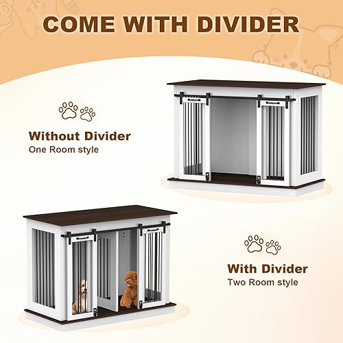 Miniatura 4 de RQZ Mueble doble para perros para 2 perros, mesa de madera resistente con 2 puertas correderas y divisor extraíble, perrera para perros medianos y