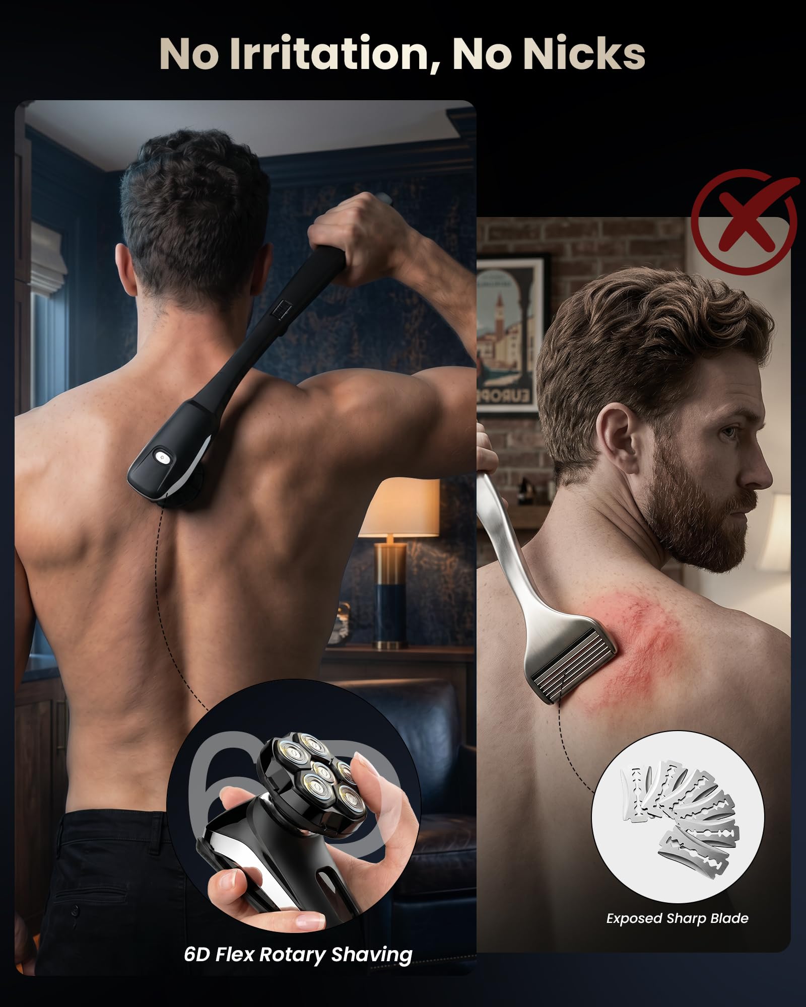 VIKICON Rückenrasierer Herren: 2-in-1 Elektrisch Körperrasierer mit 6D-Scherkopf, Klappgriff für die Rückenrasur, wasserdicht bodygroom für Körper, Gesicht, Kopf – Pflege-Set für Männer, Silber