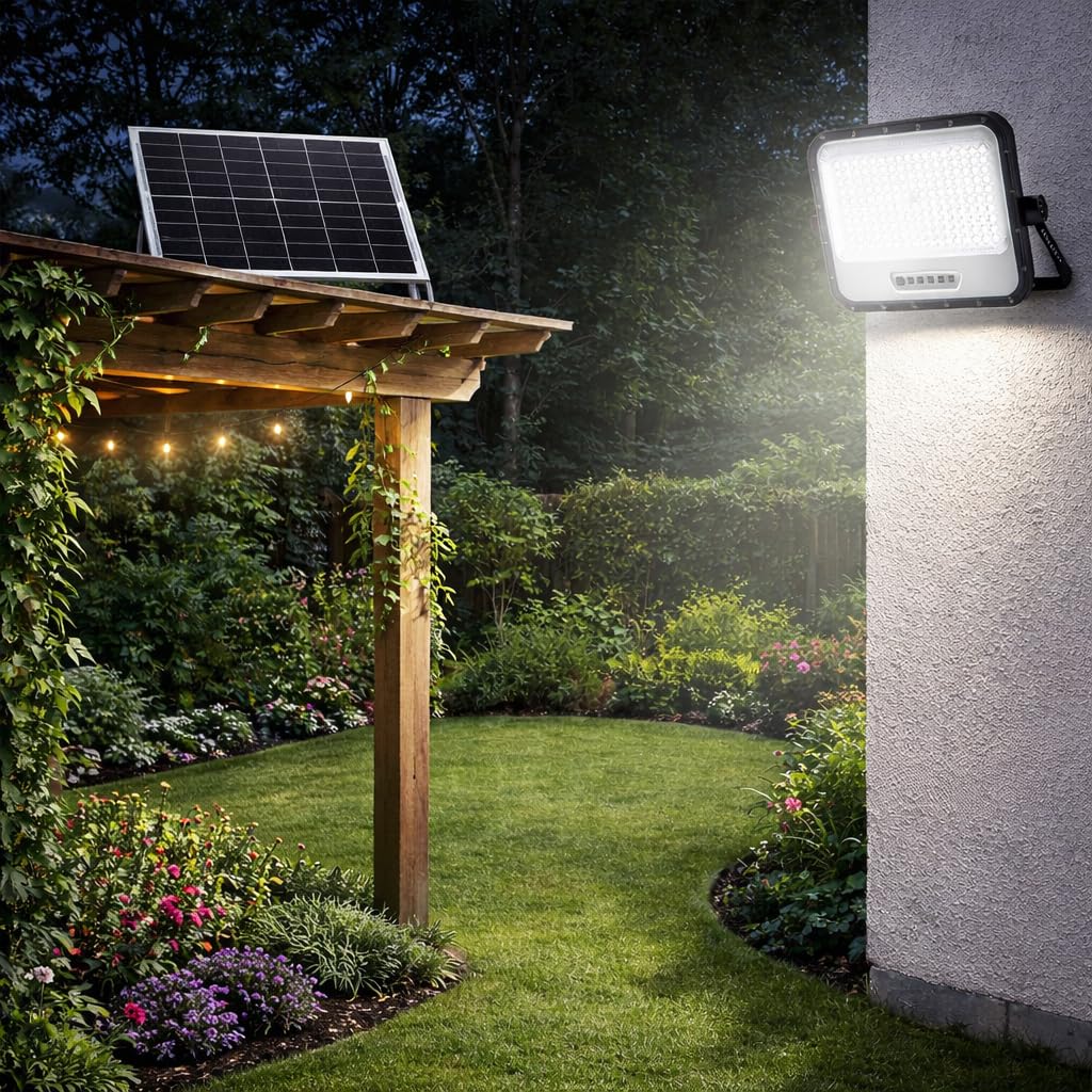 Jandei - Foco Proyector LED Solar 300W 160leds 1600Lm, Luz Blanca 6500K con Mando, Panel Separado, IP65 Impermeable, Cable 4,6m. Iluminación Exterior, Jardin, Caminos...