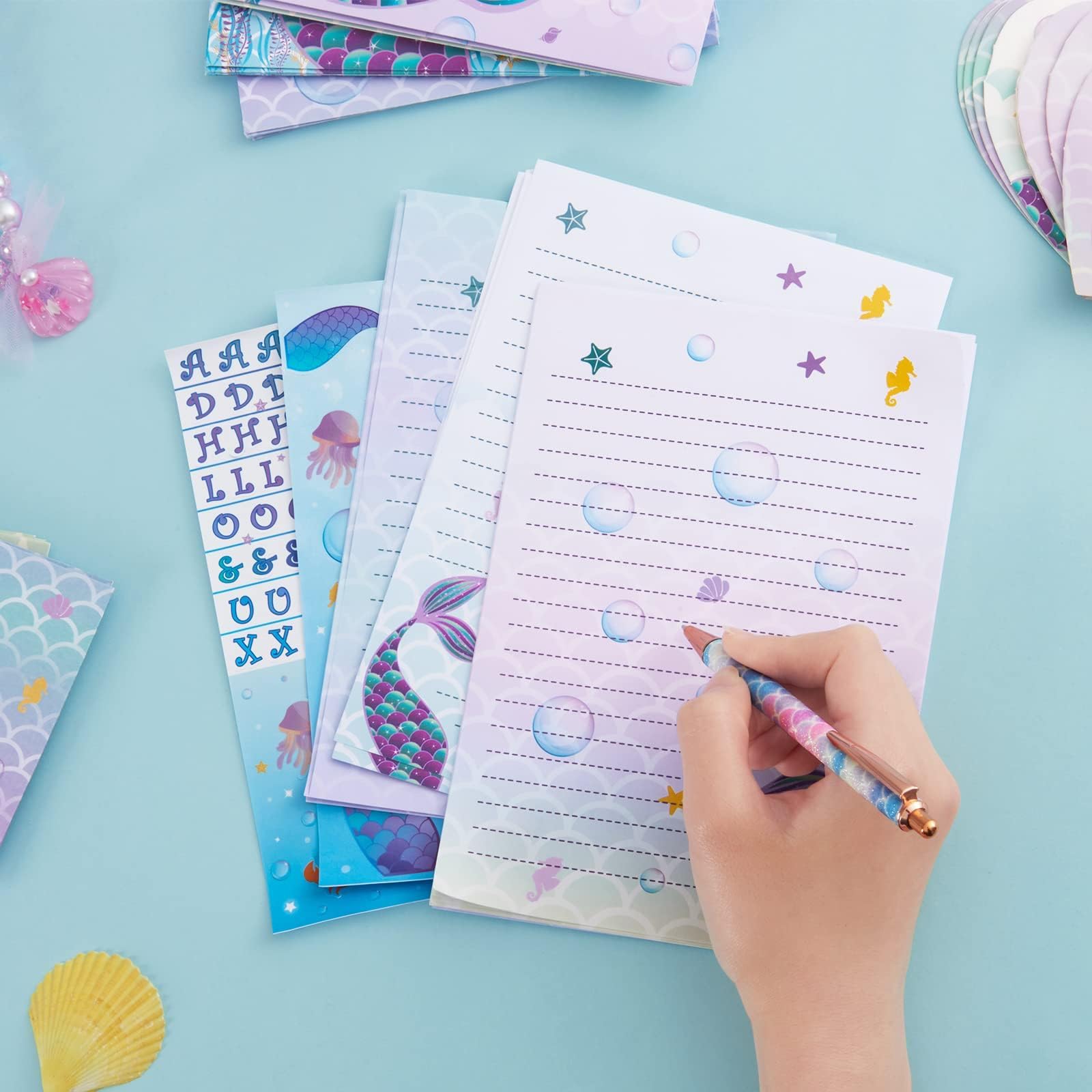 WERNNSAI Sirène Papier de Papeterie 71 PCS Enveloppes Cartes Autocollants Boite Cadeau