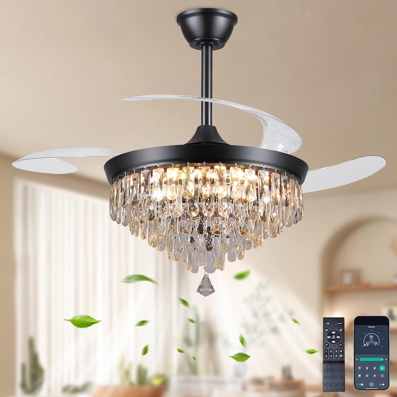 48" Retractable Crystal Ceiling Fan with Lights and Remote, Black Ceiling Fan Chandelier with 3 ABS Blades, 3CCT Dimming, Modern Fandelier for Indoor Living Room, Bedroom - Black