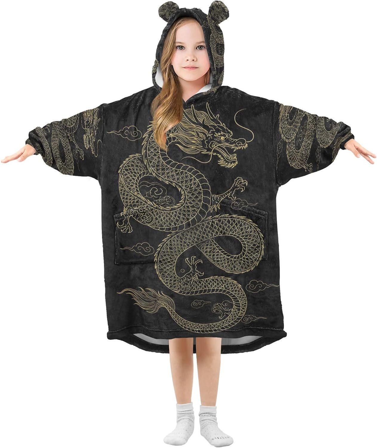 Kigai Dragon Wearable Blanket Hoodie for Kids Oversized Hooded Blanket Warm & Cozy Sweatshirt with Pockets