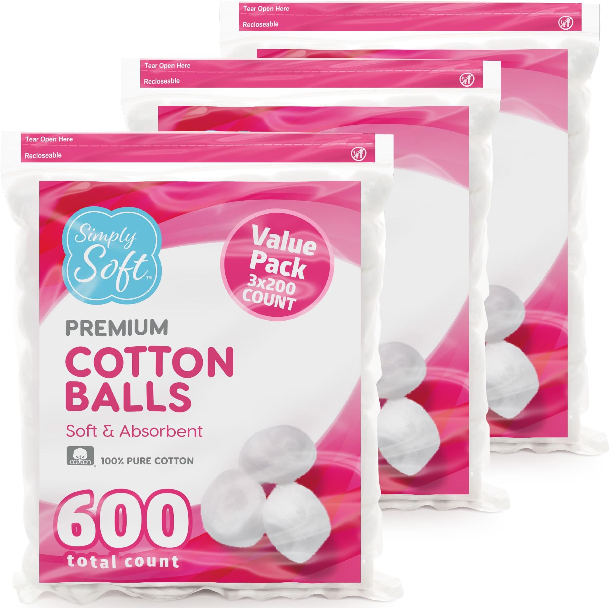 Simply Soft Premium Cotton Balls (600 Count), 100% Pure Cotton, Large Cotton Balls for Face and Nail Polish Remover