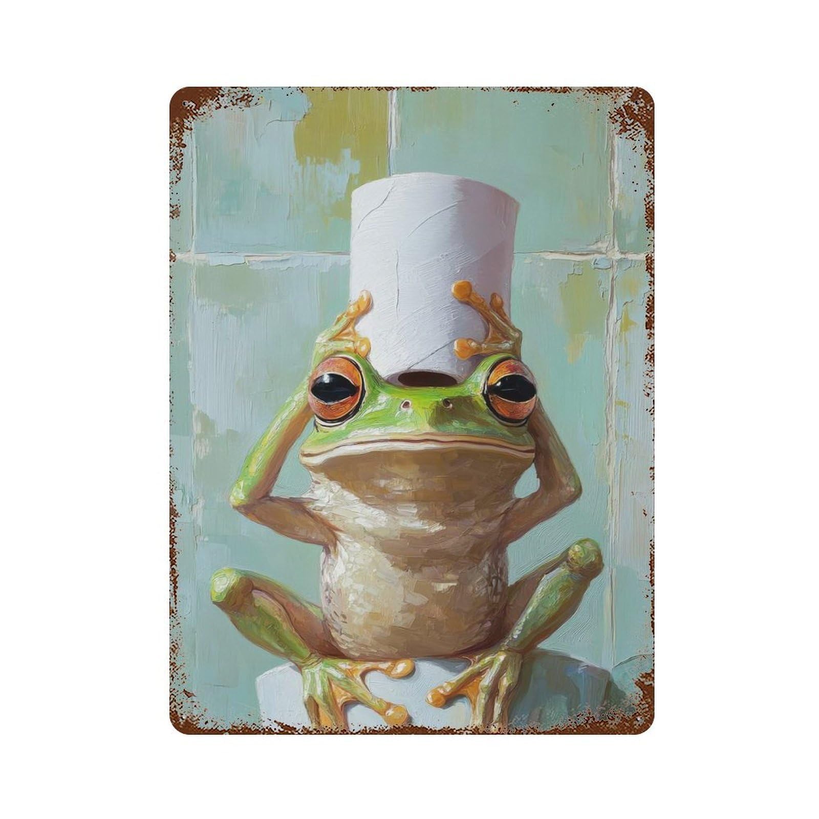 Frog with Toilet Paper Roll Rusty Metal Tin Sign 15.7"x11.8", Ideal for Farmhouse, Kitchen And Entryway Decor