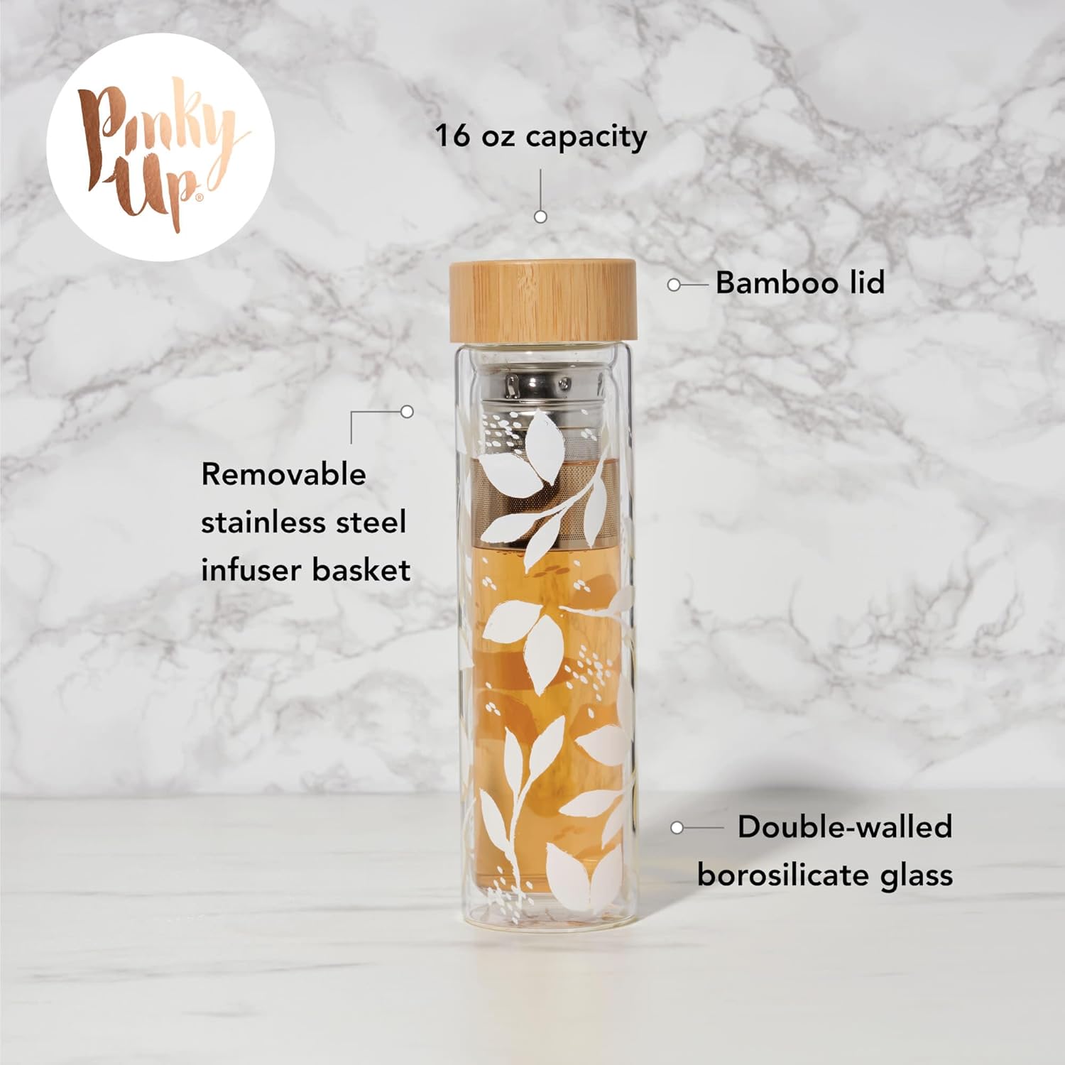 Pinky Up Blair Tea Infuser Mug with Strainer and Lid, Double Walled Glass Tumbler for Home Office, Travel, Picnic, Camping, 16 oz, Set of 1, Arabesque Gold - Image 3