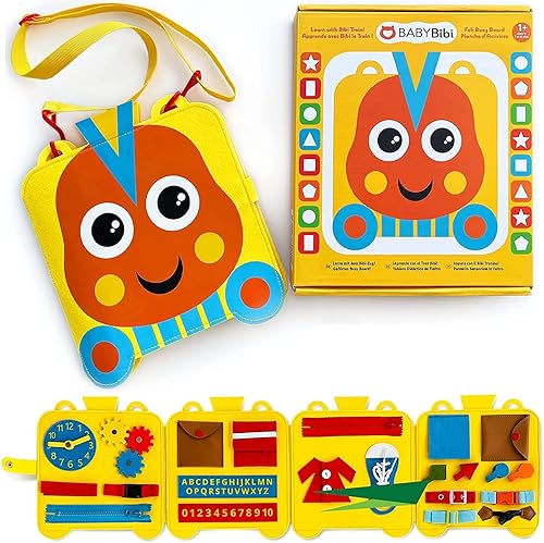 Tablero ocupado de tren de fieltro para niños pequeños de 2 a 4 años tablero ocupado Montessori con 22 juguetes sensoriales para habilidades motoras