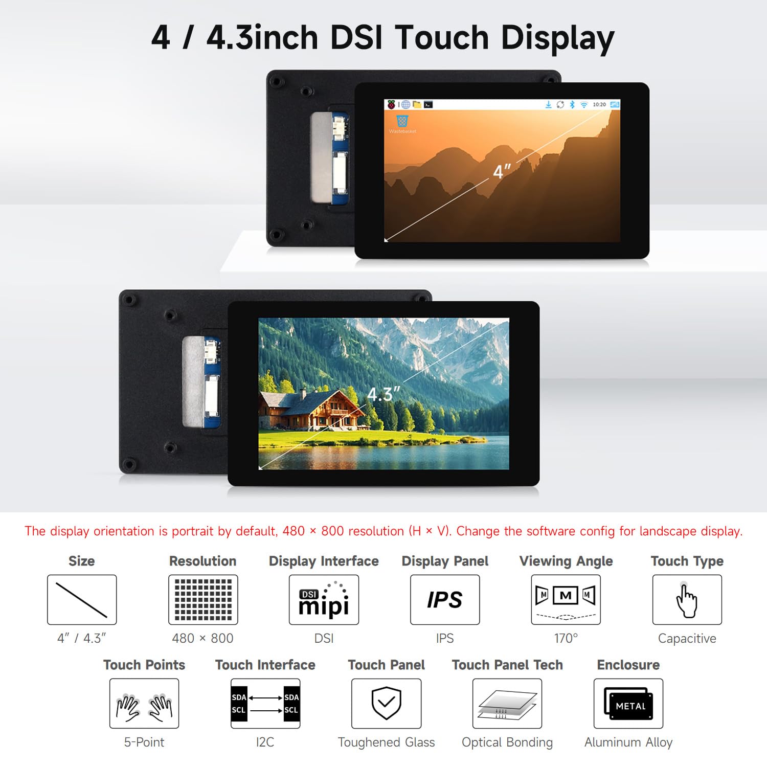 Waveshare 4inch DSI Capacitive Touch Display, Compatible with RPi 3A+/3B+/4B/5， 480 × 800, IPS Display Panel, 5-Point Touch, Optical Bonding Toughened Glass Panel