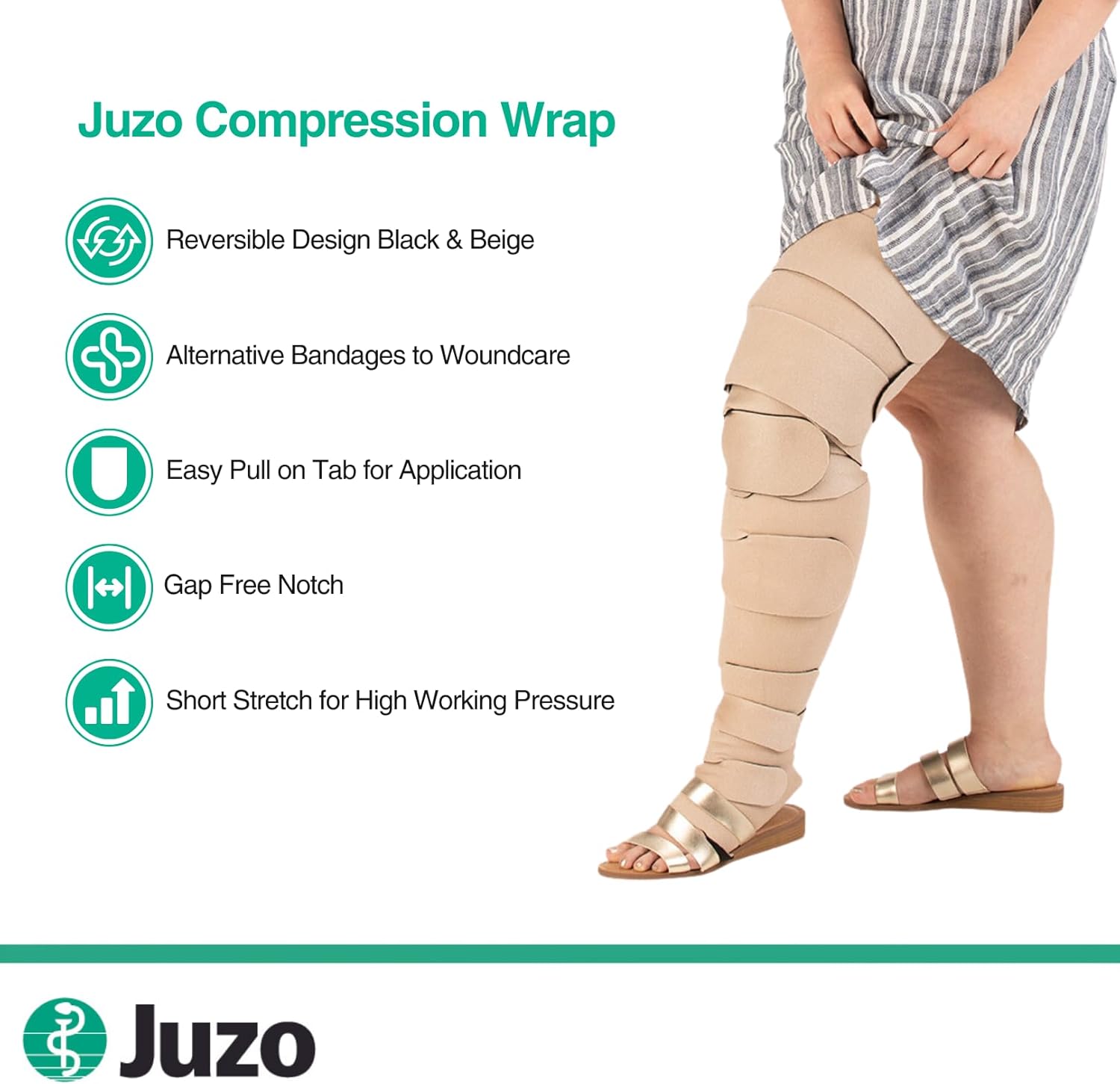 Juzo Short Stretch Compression Wraps, 30-60 mmHg, Slip On Calf Wrap, Double Sided, Closed Toe Liner | Medical Wrap Bandage for Moderate to Extreme Edema & Lymphedema | 2X-Large Regular