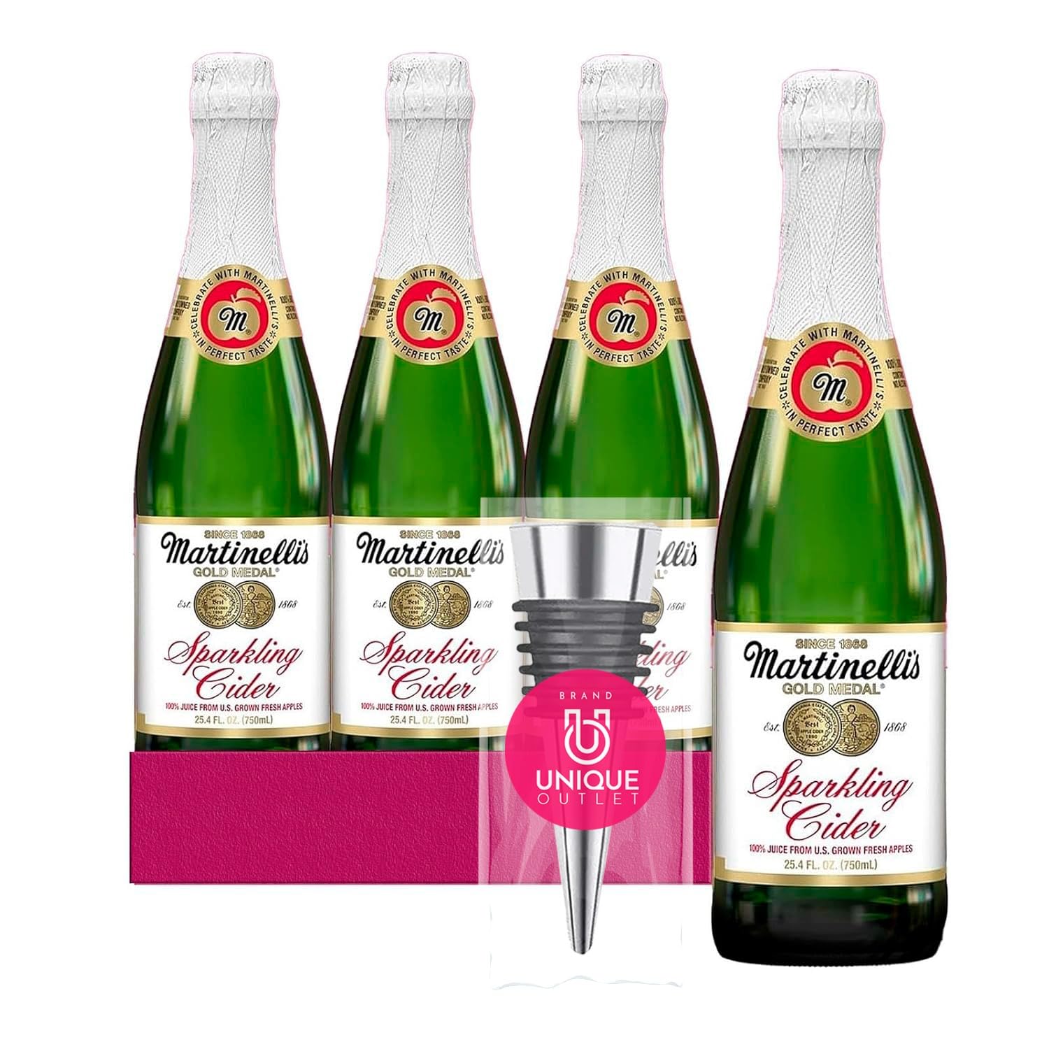 Martinelli'sUnique Outlet Bundle: 4-Pack of Apple Cider 100% Pure Gold Medal Sparkling Juice Not From Concentrate, Glass Bottle 25.4 fl oz + 1 Utility Prop
