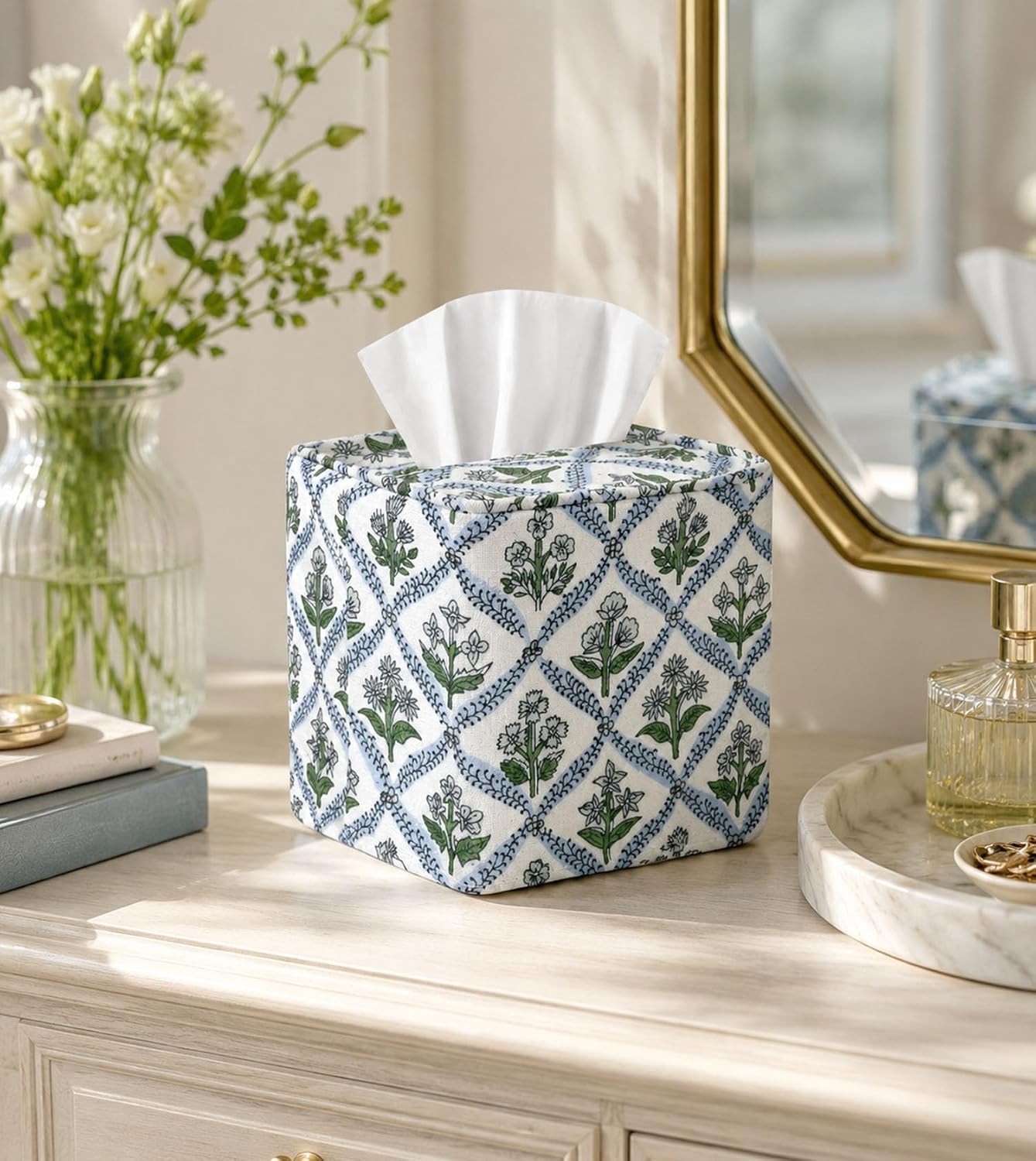 Livelab Cotton Handmade Print Tissue Box Cover – Fabric Decorative Square Napkin Holder, Stylish Tissue Case Facial Paper Cube Cover for Your Home, Officce, Car and Bathroom | Green Flower