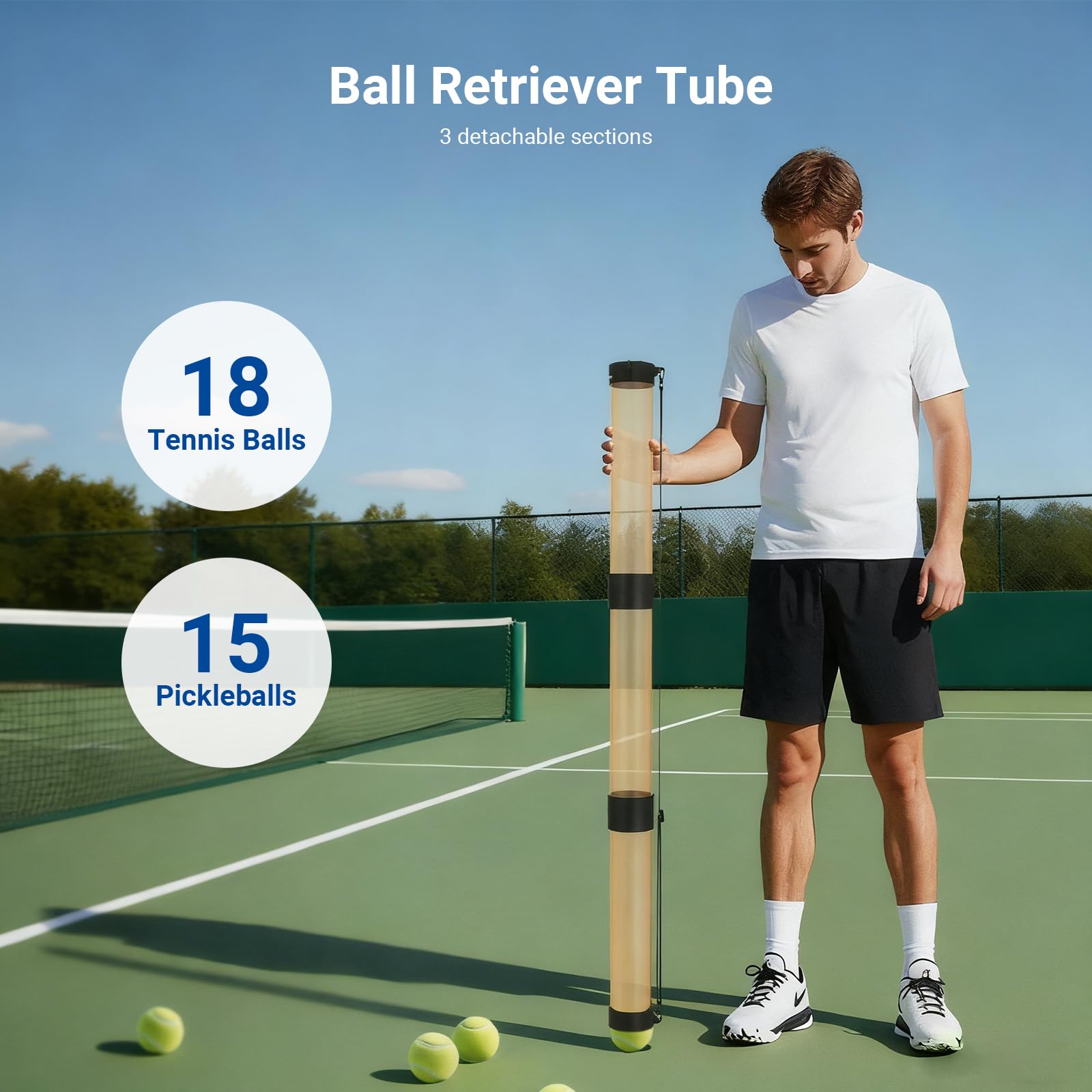 NEEWER Zbieracz piłek rurkowych na 18 piłek tenisowych i 15 piłek do gry w pickleball, wyjmowany i zapobiegający składaniu, górny kolektor z ogranicznikiem i paskiem na ramię, pomarańczowy, TB02Z