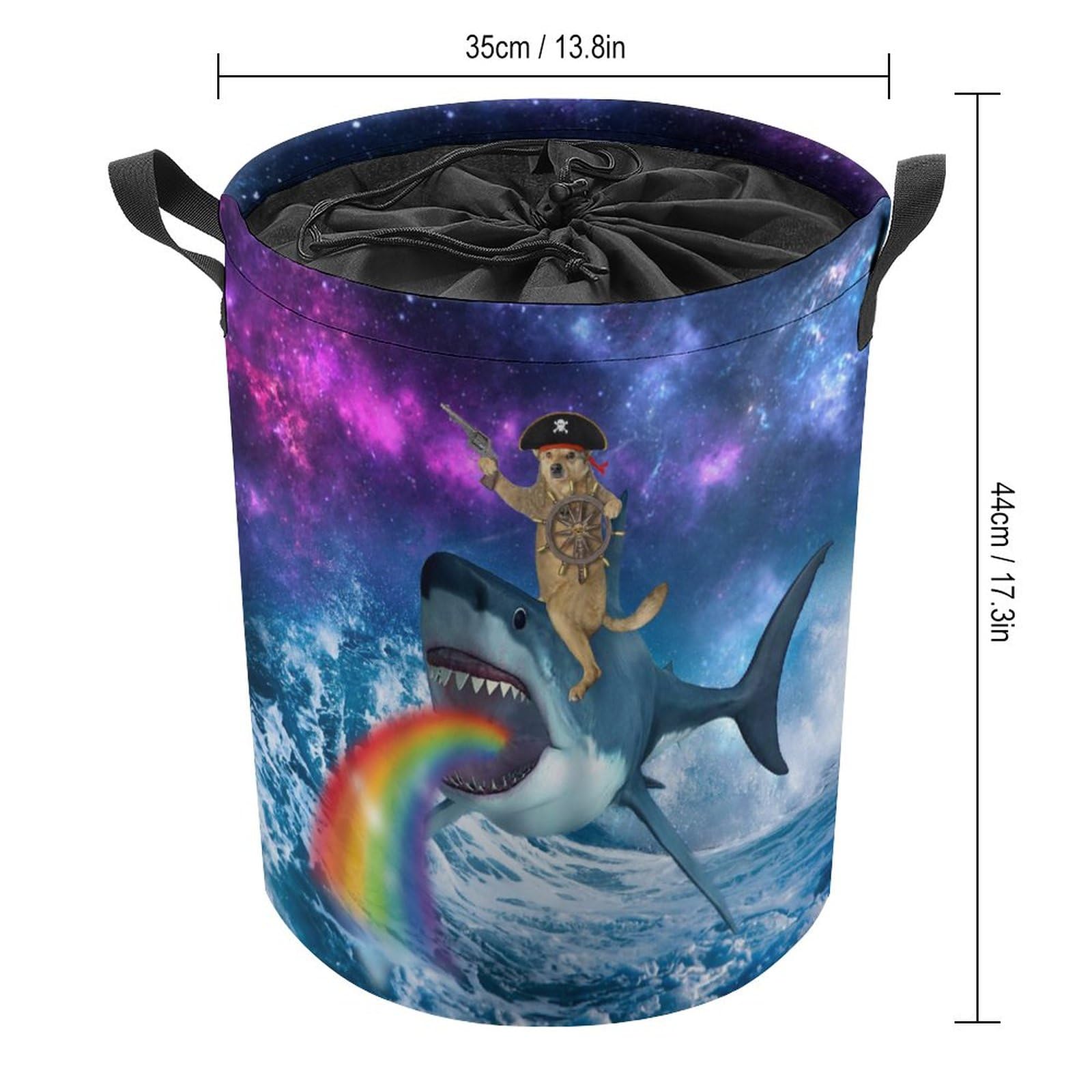 Funny Rudder Dog Foldable Waterproof Laundry Basket Cool Dog Riding Shark Fantasy Universe Galaxy Print for Dorm Family Travel One Size