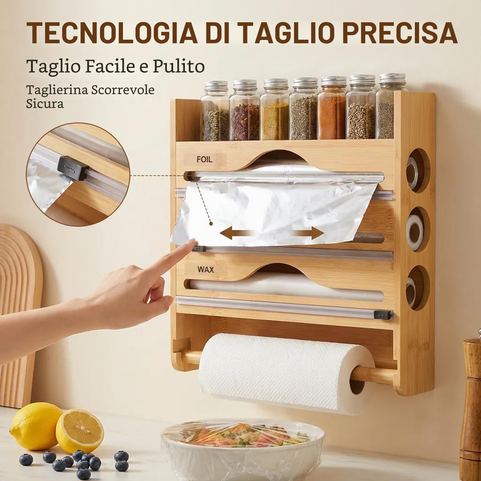 Dispenser di pellicola con taglierino,porta pellicola per cucina,pellicola di alluminio di bambù e pellicola trasparente organizer con coltello da taglio