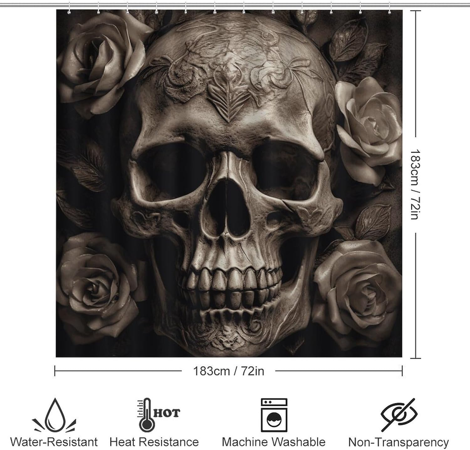 Leather Rose Skull Shower Curtain Set 4 Piece, Non-Slip Bath Mat with Toilet Lid Cover and Waterproof Shower Curtain with 12 Hooks, Complete Bathroom Set for Home Decor