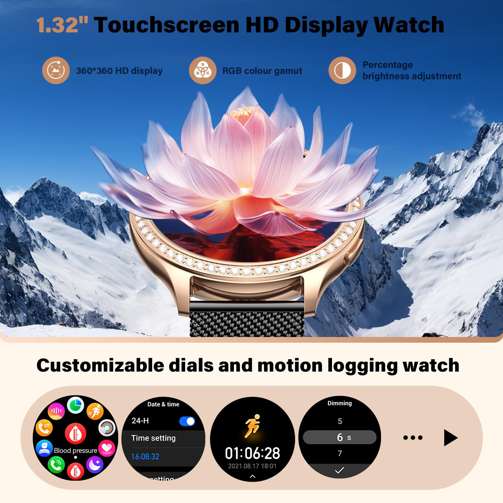 RifePhi Damen Smartwatch 1.32 Zyklustracker SpO2 Schlafanalyse IP67 wasserdichte Sportuhr Anruffunktion Schrittzähler Herzfrequenzmesser Kompatibel iPhone Android