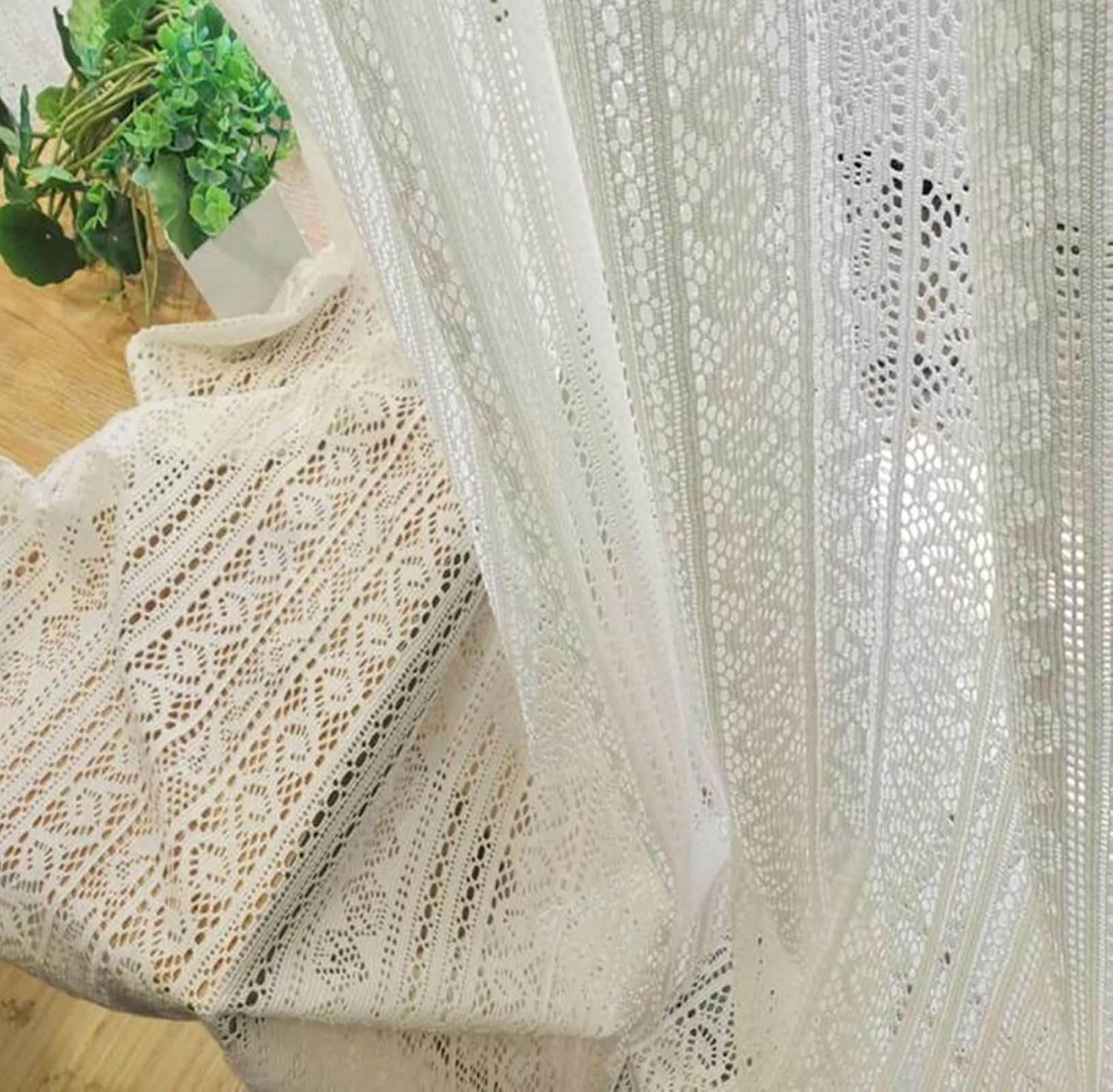 Daesar Living Room Curtains 2 Panel Sets 54 Inch Length, Hooks Transparent Curtains Lace Hollow Striped Geometric Voile Curtains for Kitcken Window Treatment, 34x54 Inch Beige White
