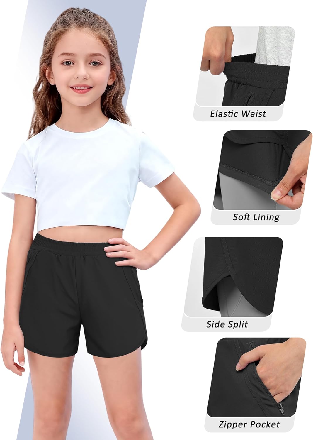 Resinta 3 Pack Girls Athletic Shorts High Waisted Quick Dry Running Shorts with Zipper Pockets Sports Active Shorts for Kids