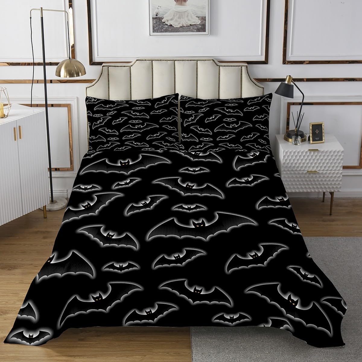 Manfei Black Blue Color Bedspread King,Black Retro Halloween Animal Quilted Coverlet 3pcs for Adults Teens Room Decor,Bat Print Soft Breathable Bedding Quilt