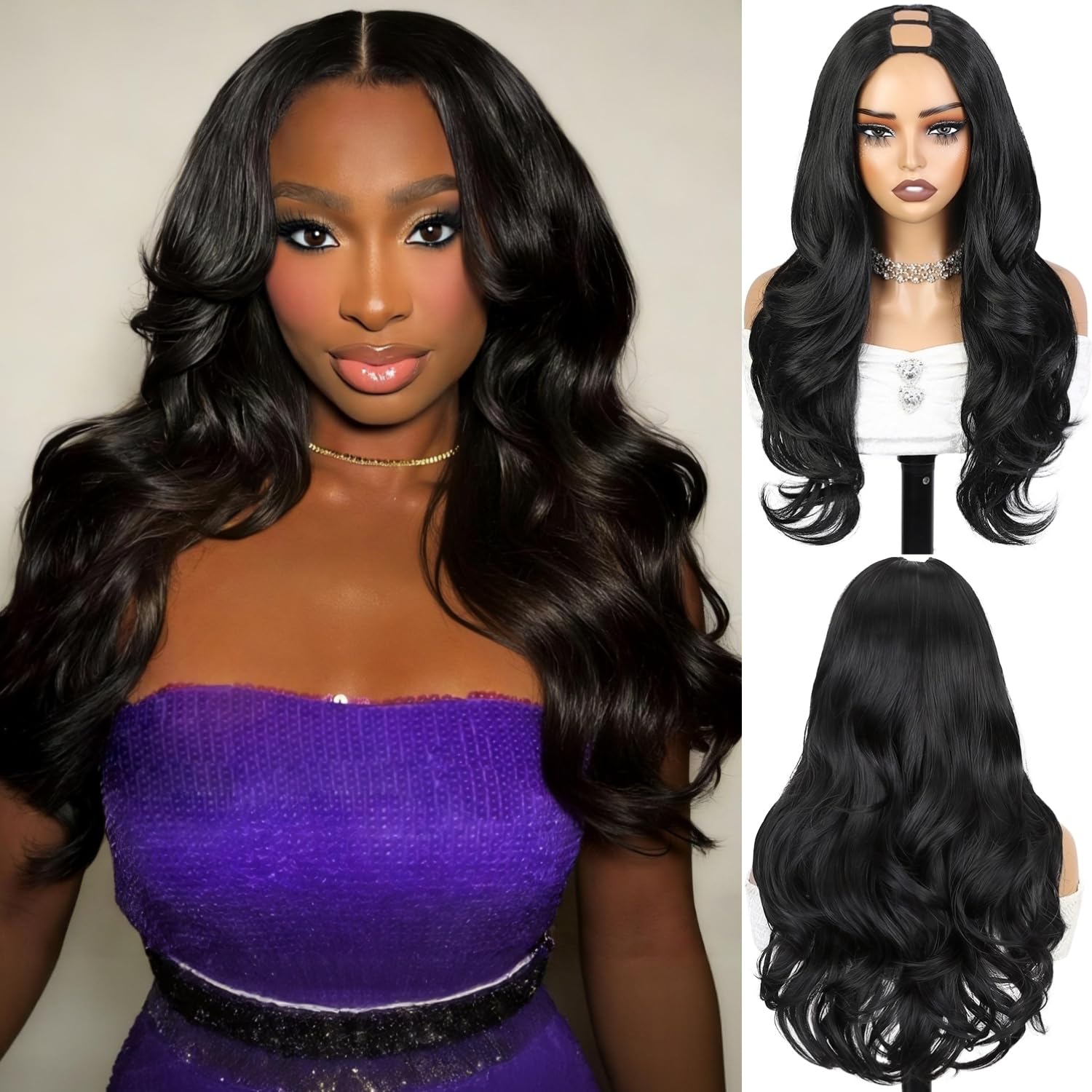 Quantum Love Curly U Part Wig Long Wavy V Part Wig Light Yaki for Black Women TALOS Layered Black Glueless Synthetic Half Wigs 22 Inch Full Head Clip in Hair